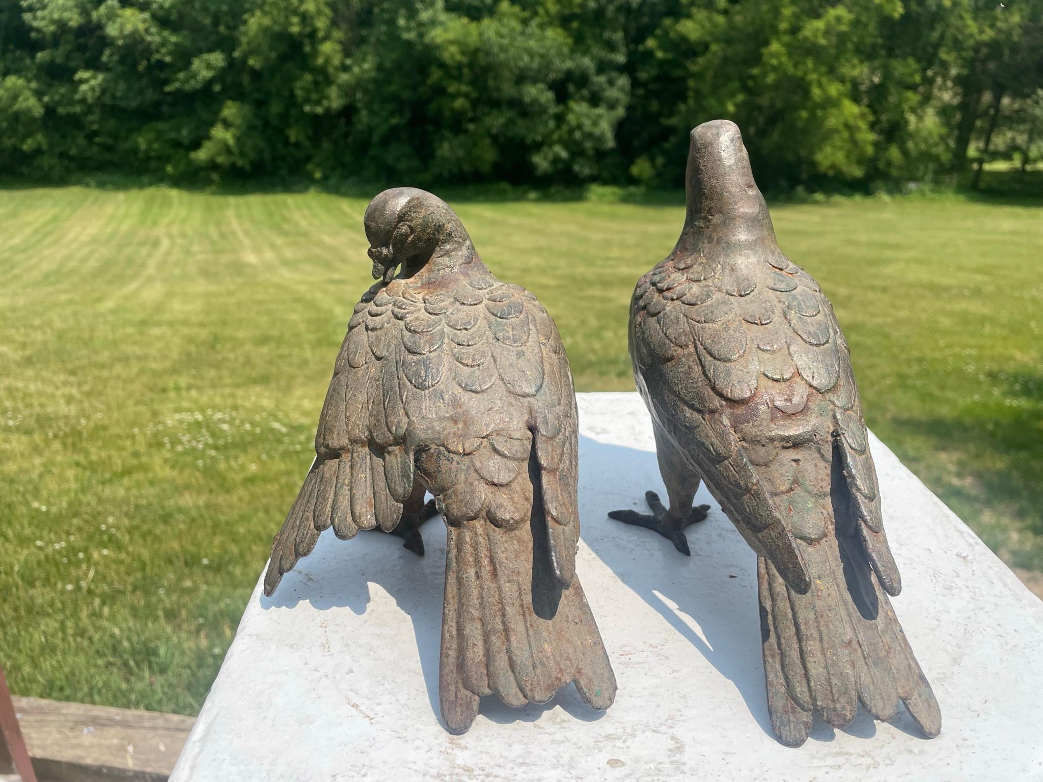 Japanese Antique Hand Cast Pair Bronze Pigeons, Beautiful Details 1