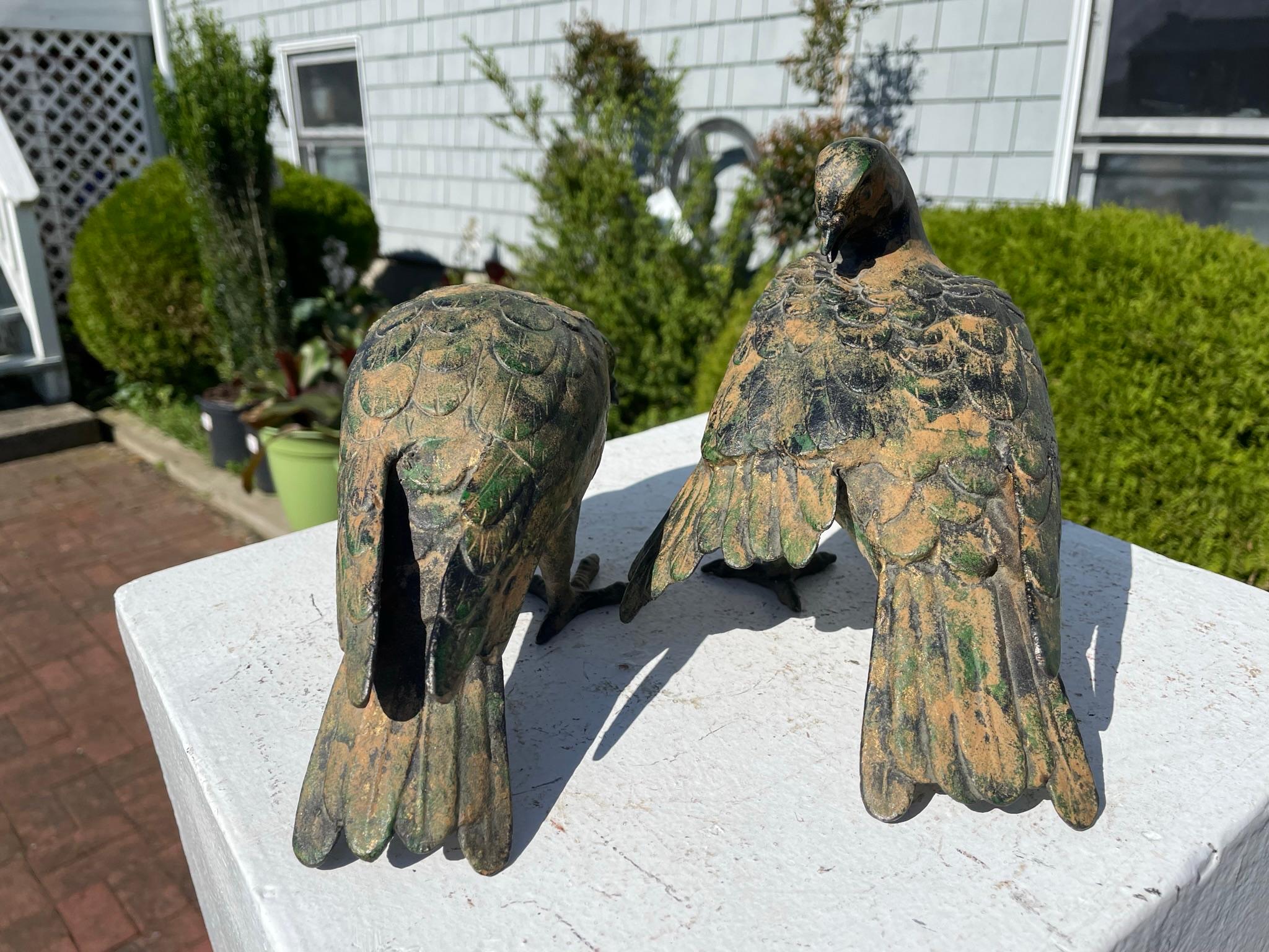 Japanese Stunning Antique Hand Cast Pair Bronze Pigeons, Beautiful Details 1
