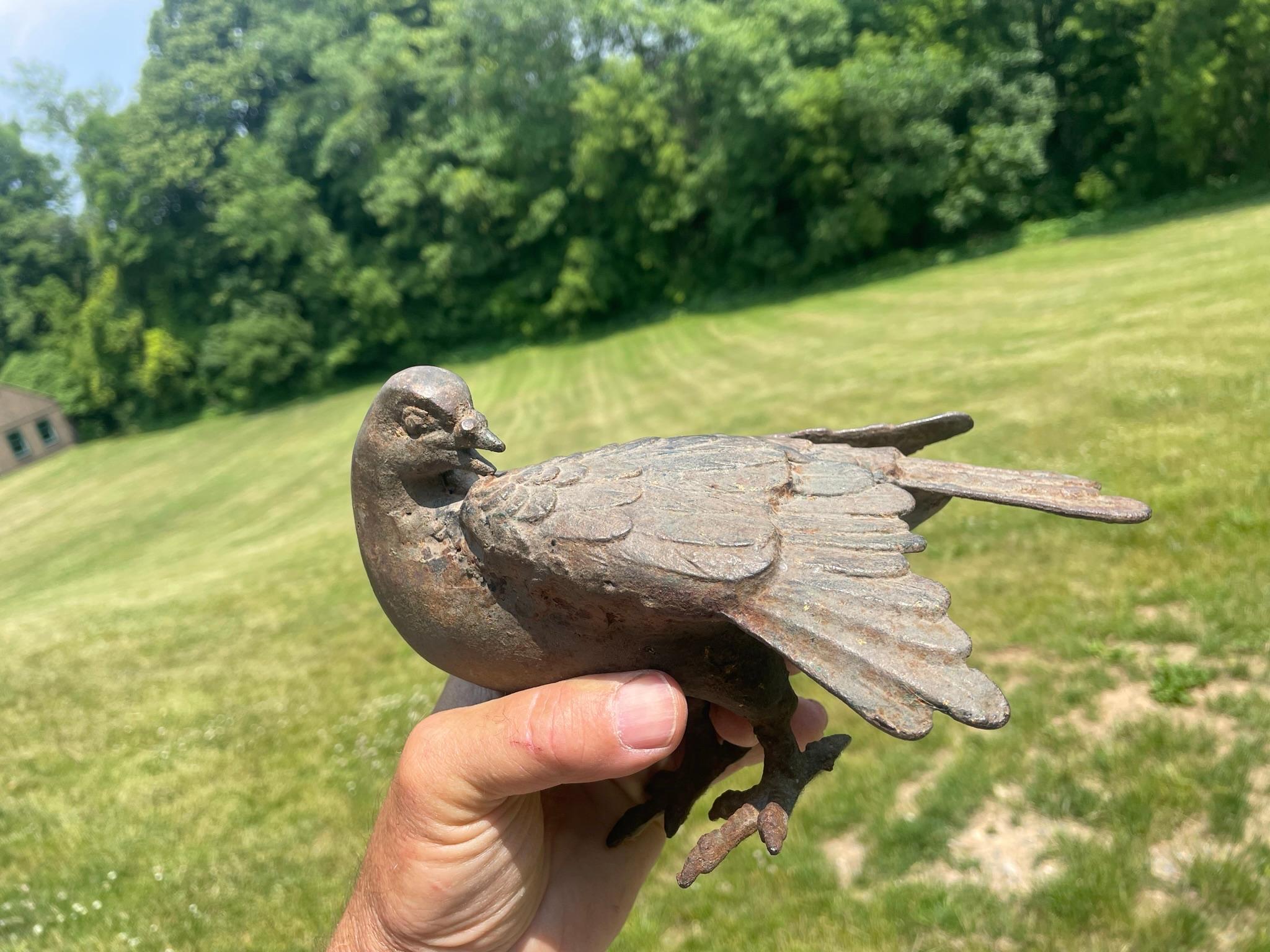 Japanese Antique Hand Cast Pair Bronze Pigeons, Beautiful Details For