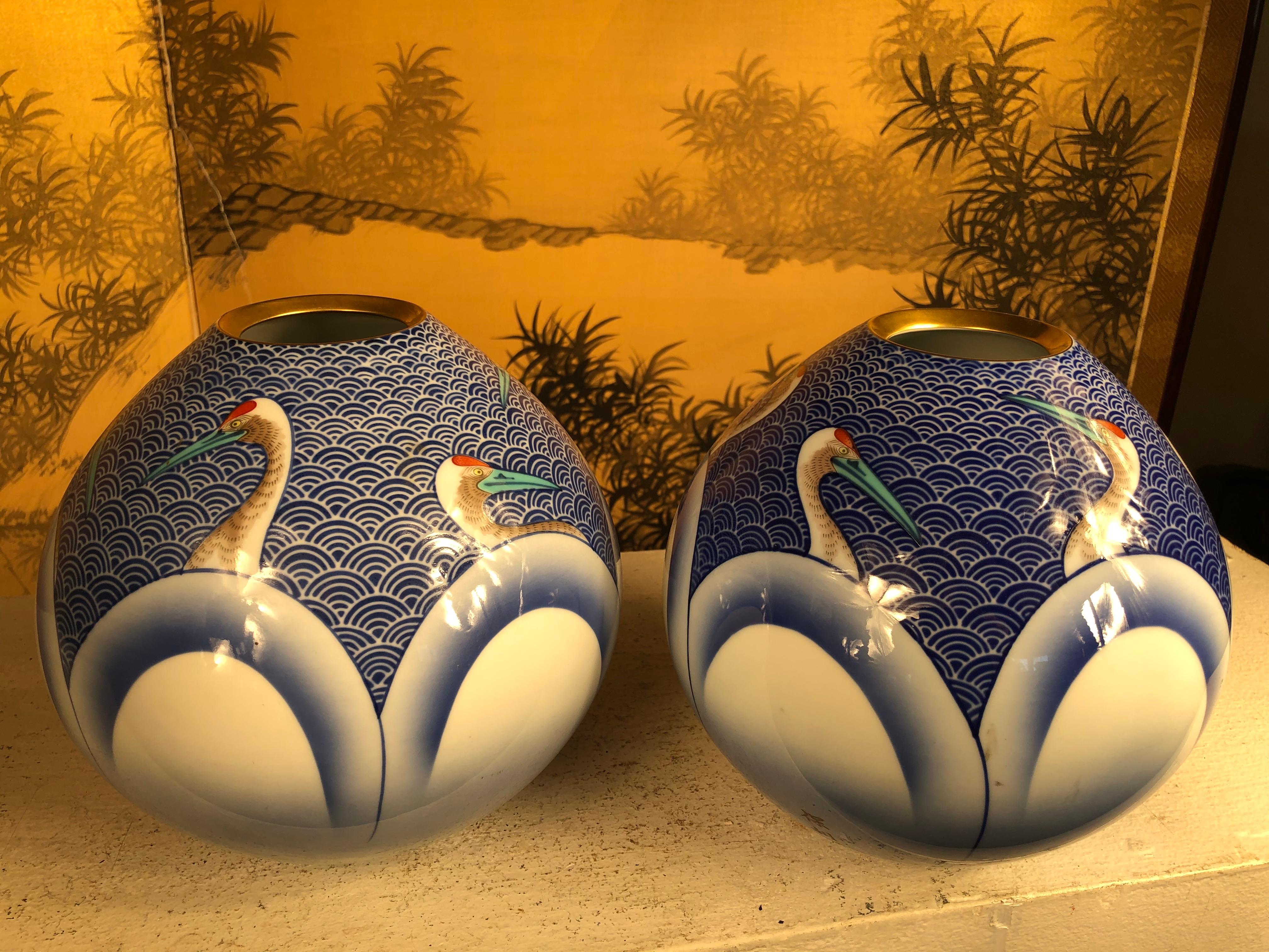 Japanese Stunning Pair of Antique Blue and White Crane Vases 5