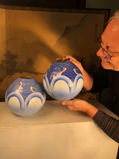 Japanese Stunning Pair of Antique Blue and White Crane Vases