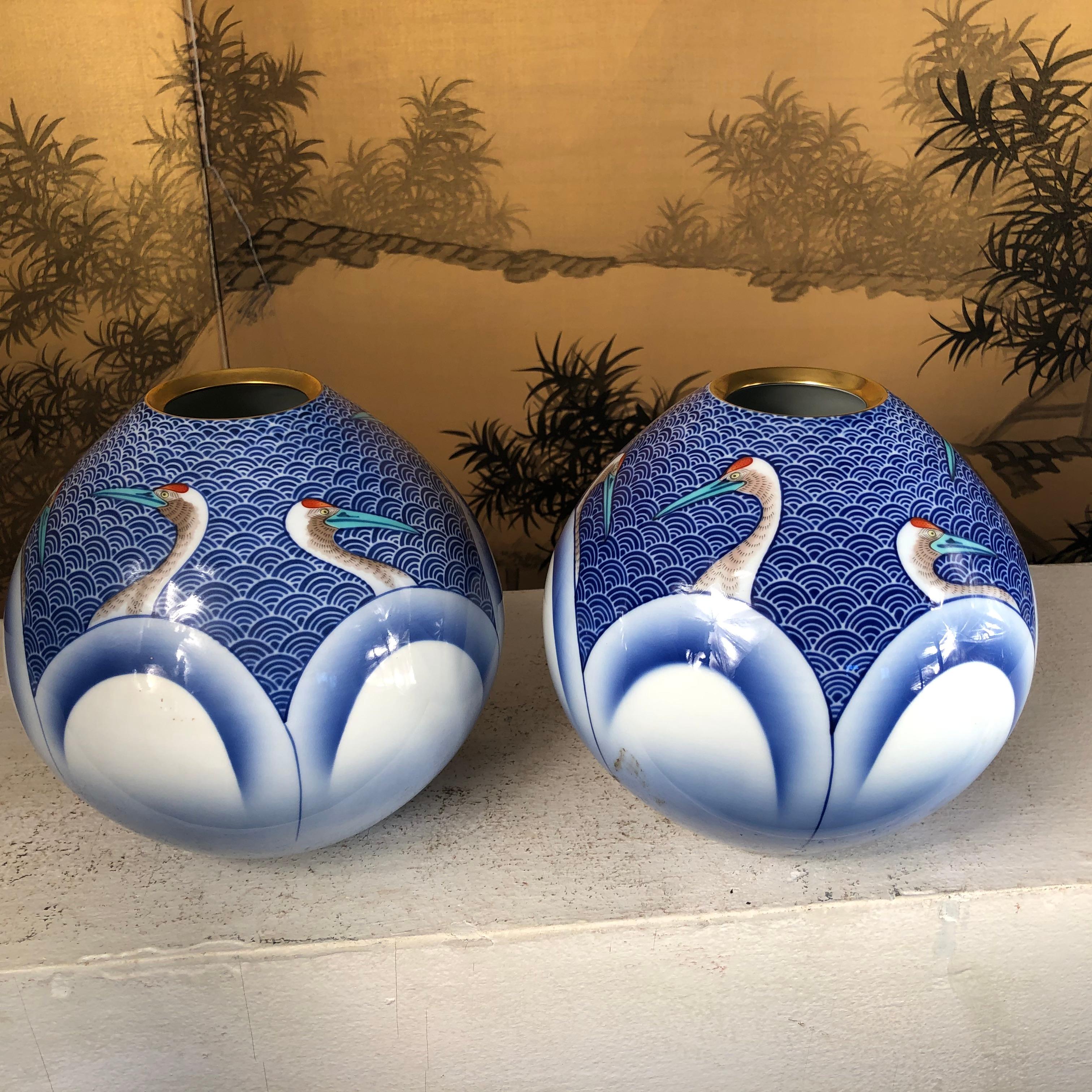 Japanese Stunning Pair of Antique Blue and White Crane Vases 4