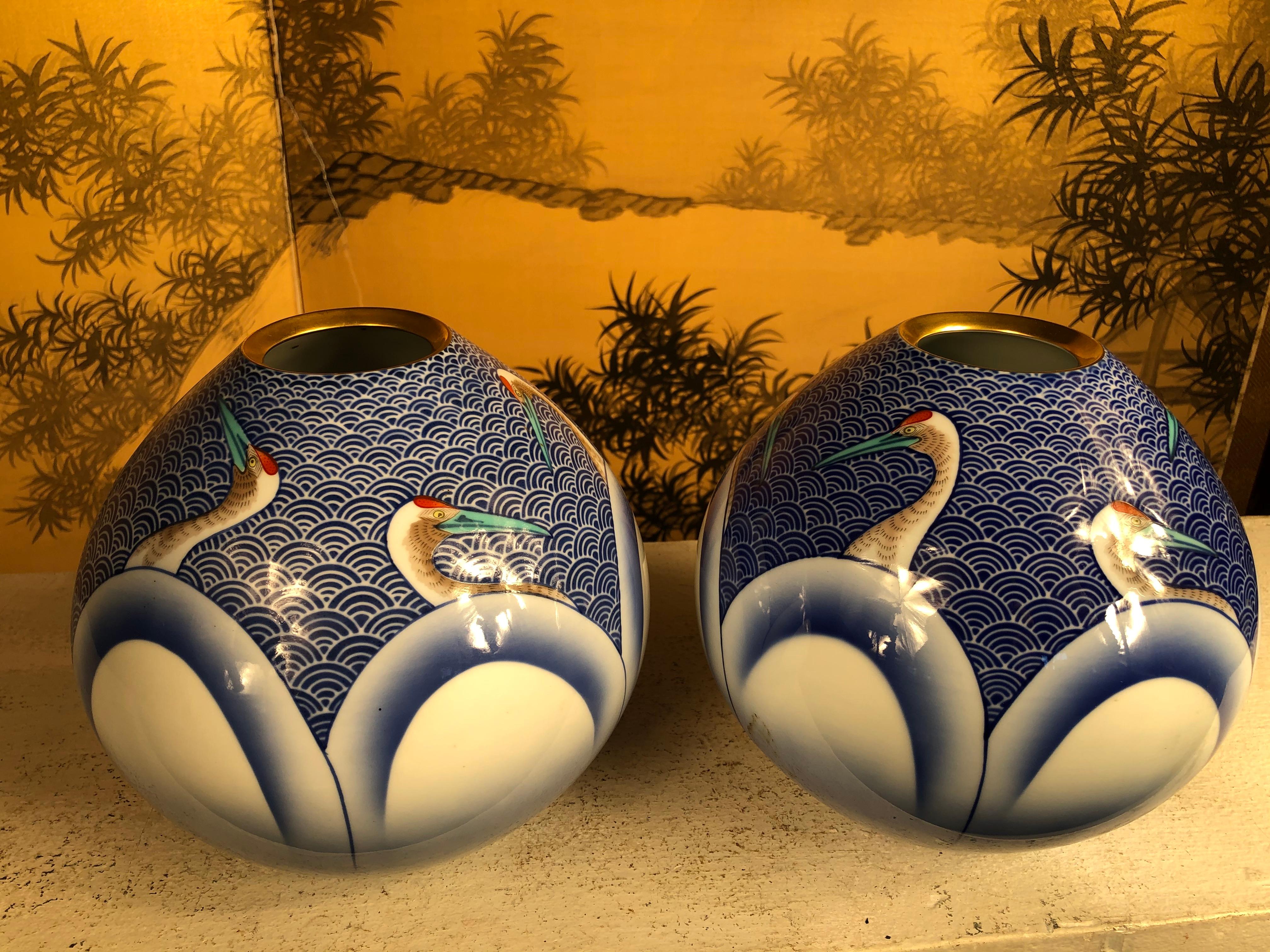 Japanese Stunning Pair of Antique Blue and White Crane Vases 6