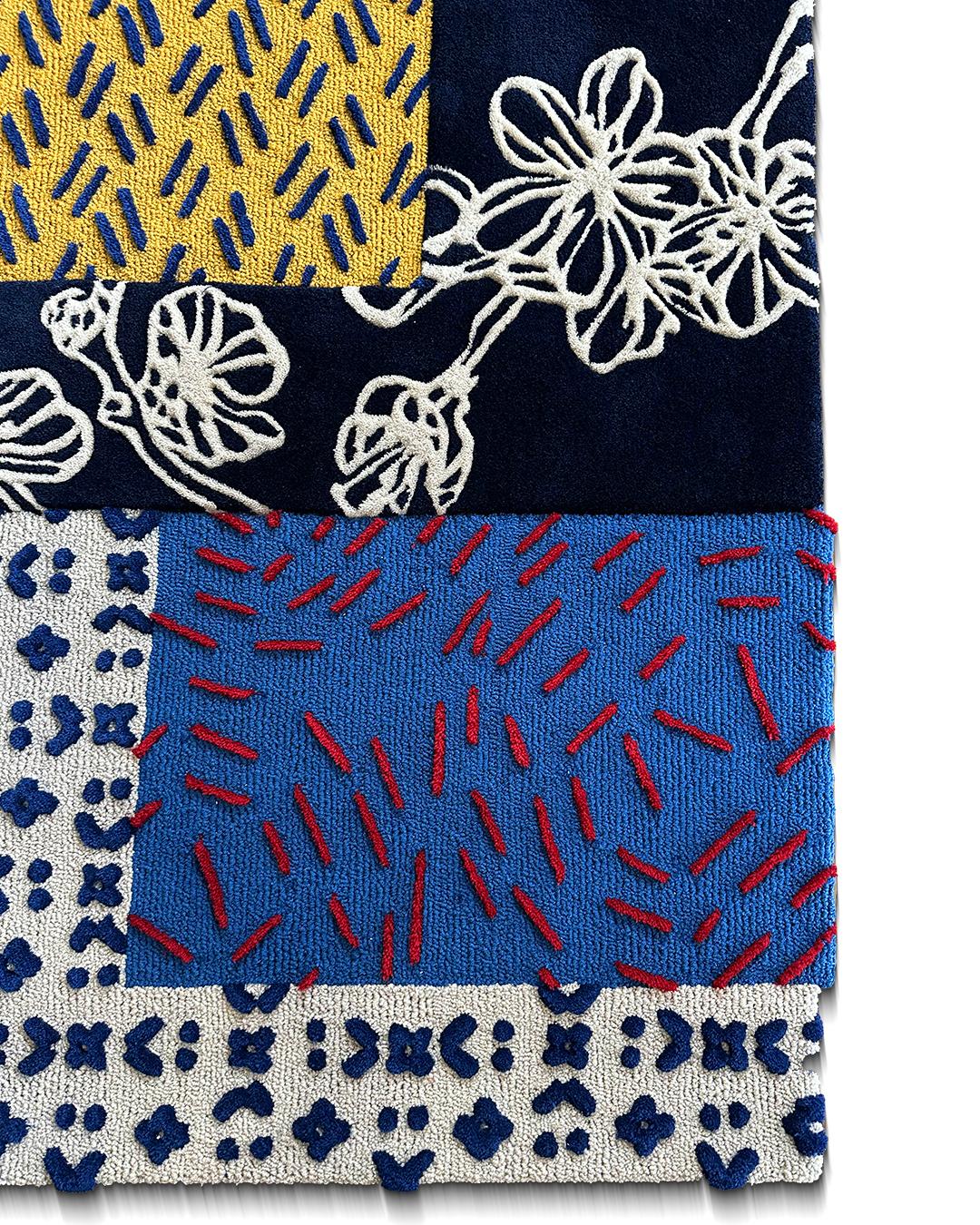 Hand-Carved Japanese Style Blue Rug by RAG HOME For Sale