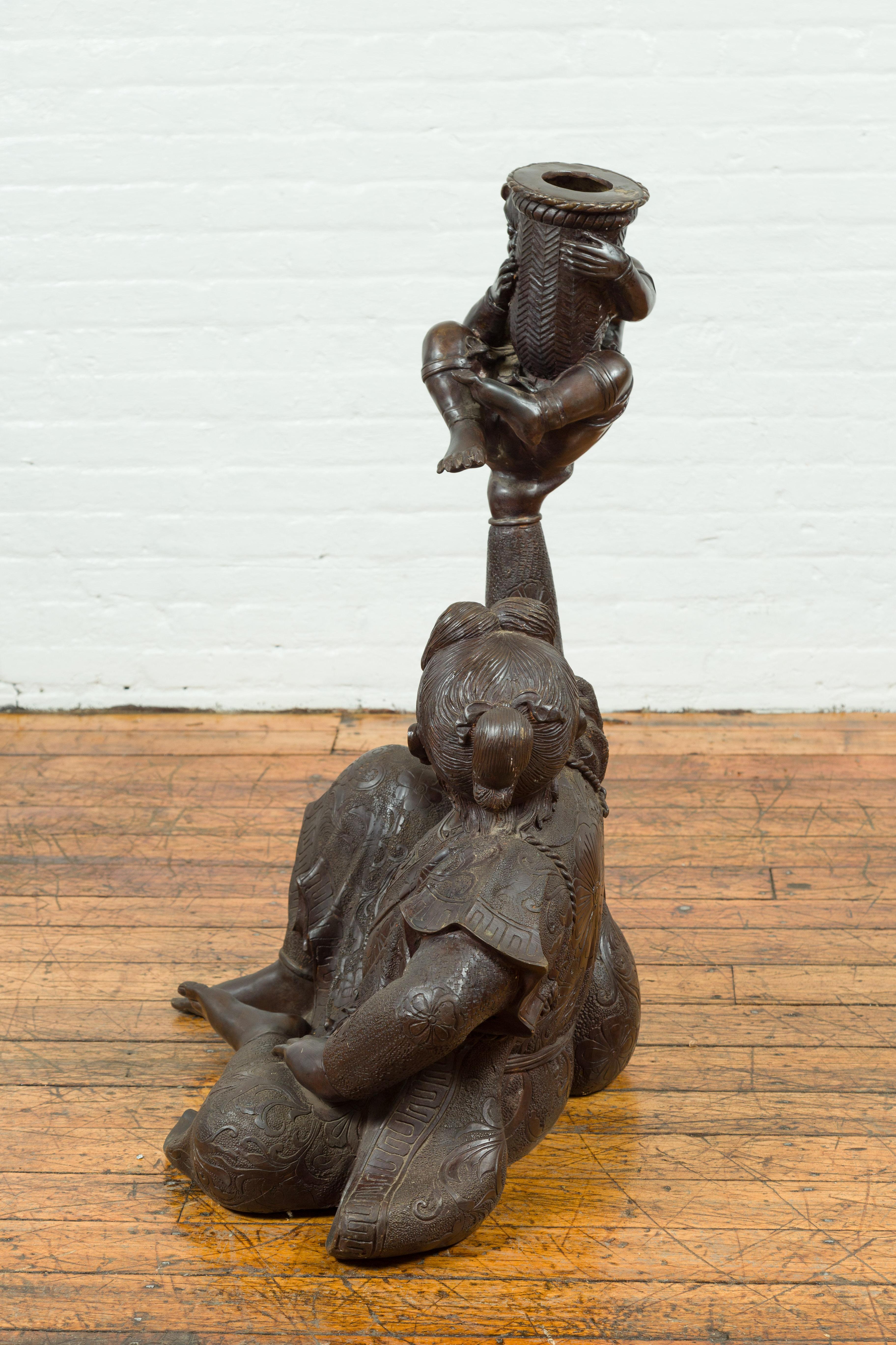 Japanese Style Bronze Sculpture of a Seated Woman Holding a Mythical Creature 9