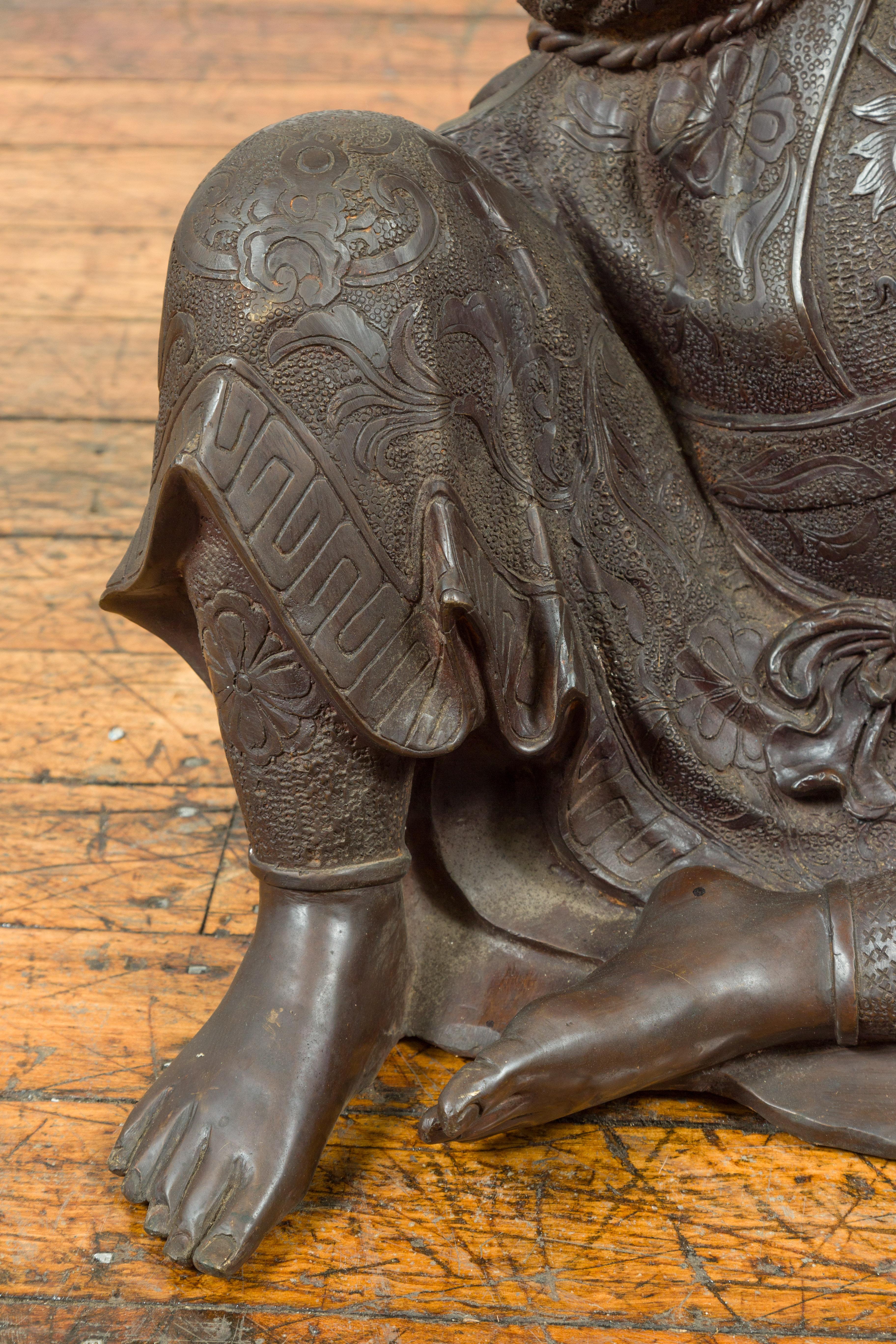 20th Century Japanese Style Bronze Sculpture of a Seated Woman Holding a Mythical Creature
