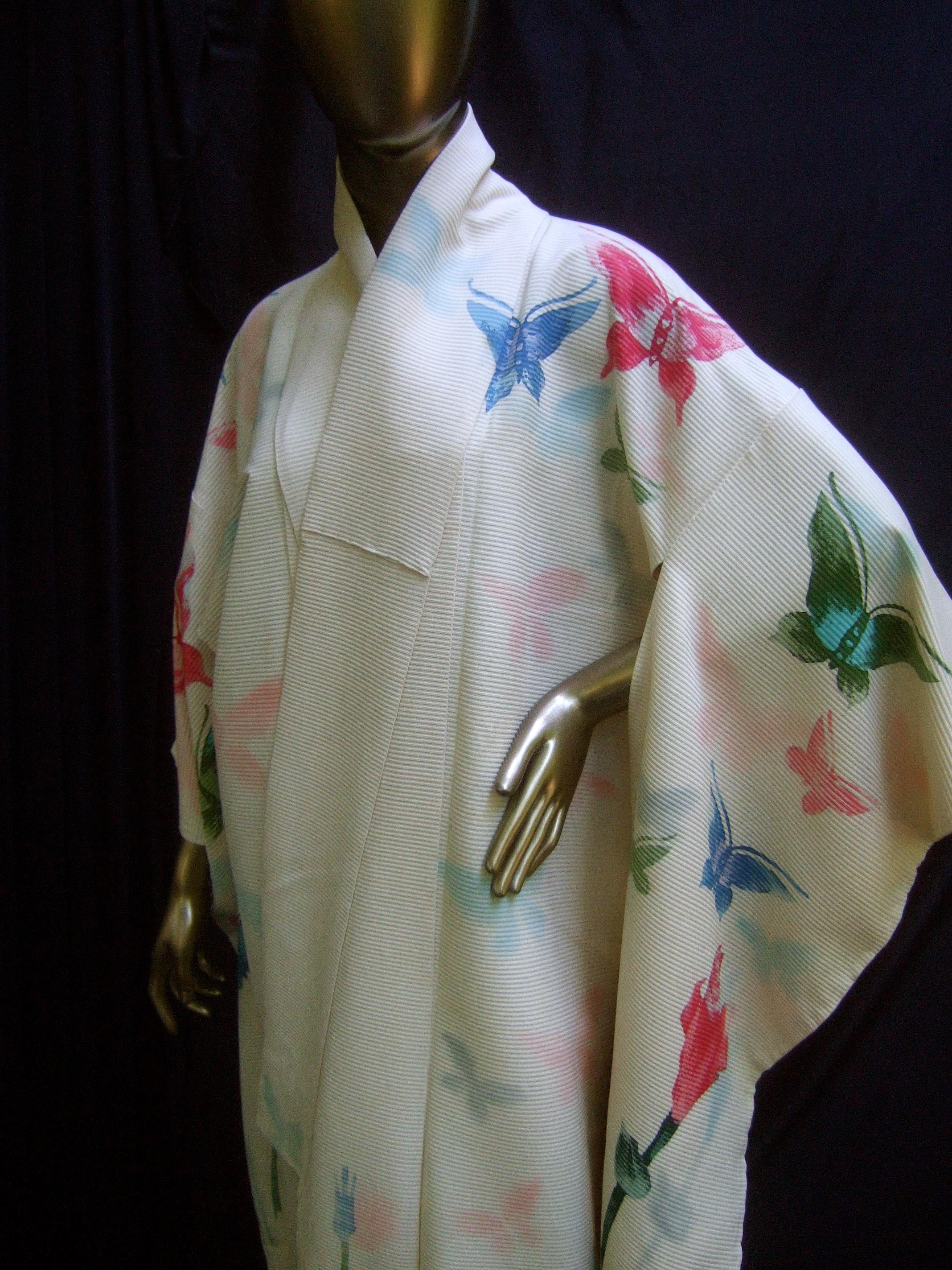 Gray Japanese style Butterfly Floral Vintage Kimono circa 1970