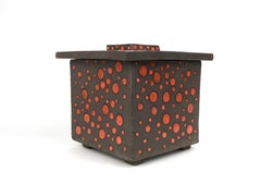 Japanese Style Ceramic Box or Urn With Lid, in Orange Polka-Dots on Brown Clay