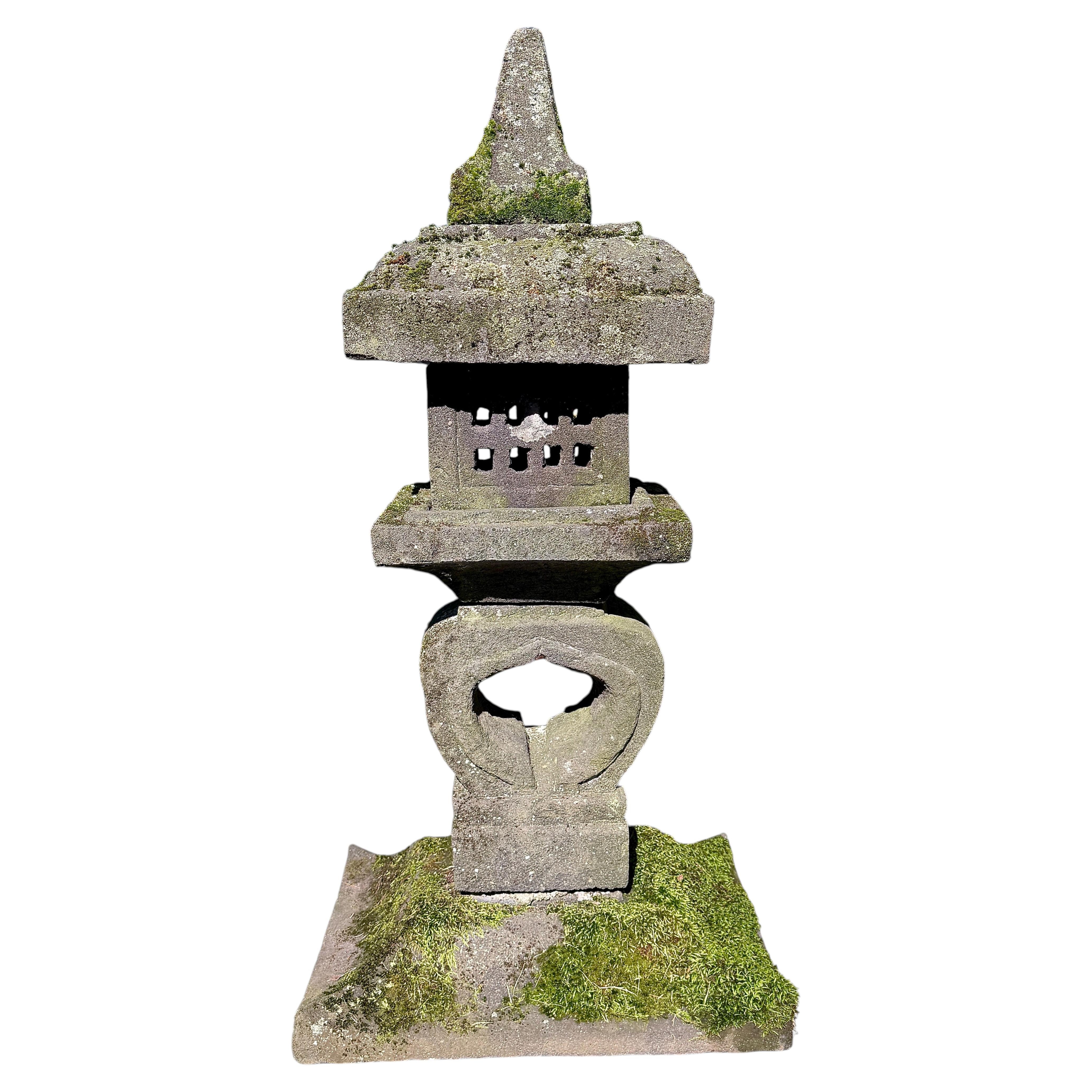 Japanese-Style Composition Stone Garden Lantern with Natural Moss Patina For Sale
