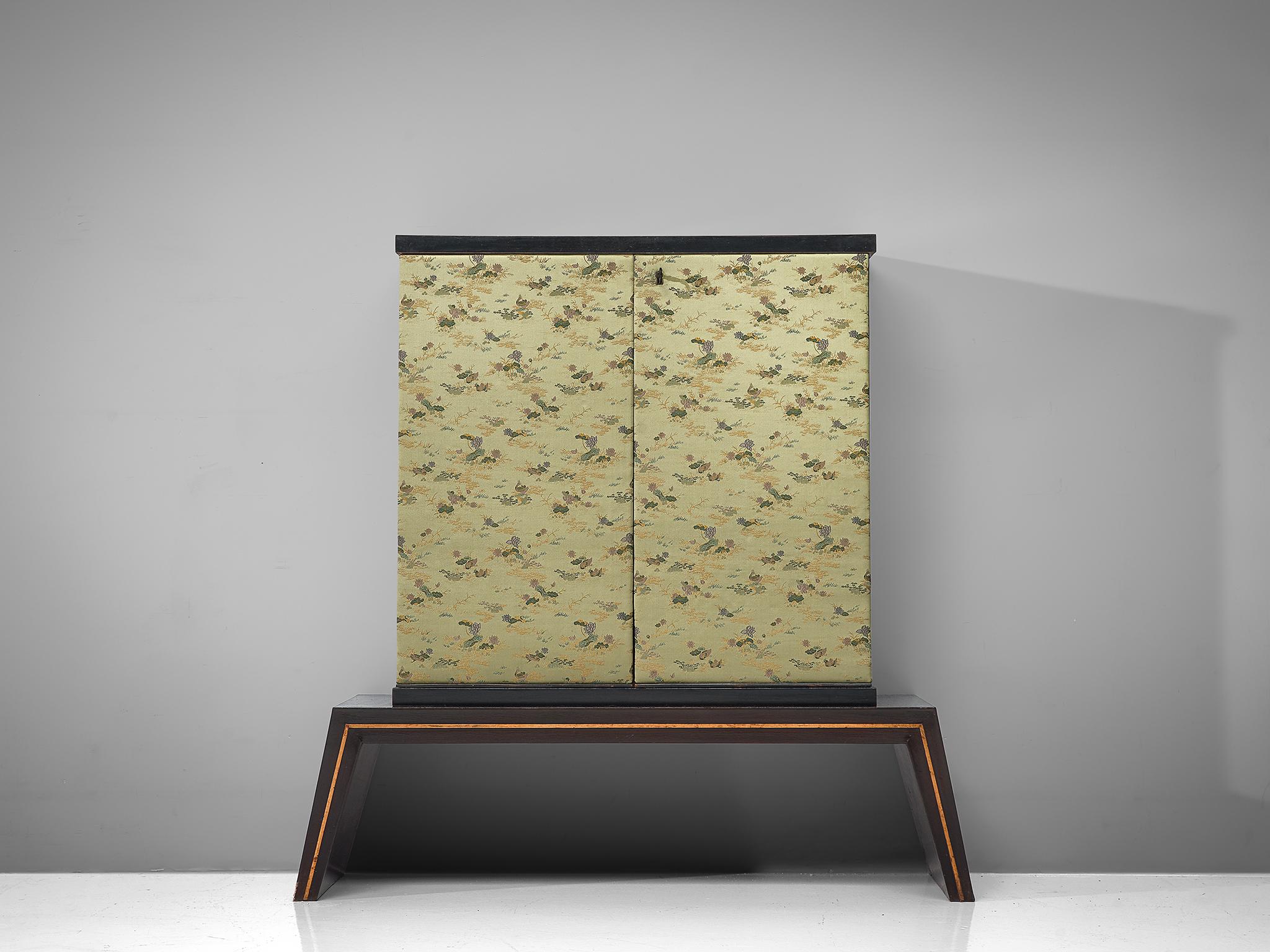 Mid-Century Modern Japanese Style Dry Bar in Wood and Silk