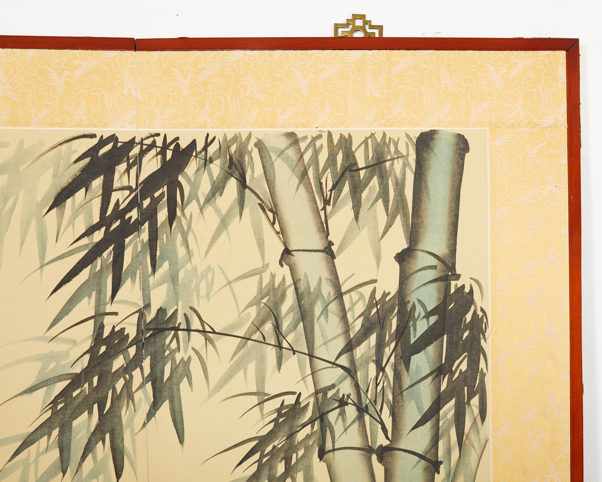 Japanese Style Four Panel Screen Bamboo Waterfall with Magpies For Sale 6