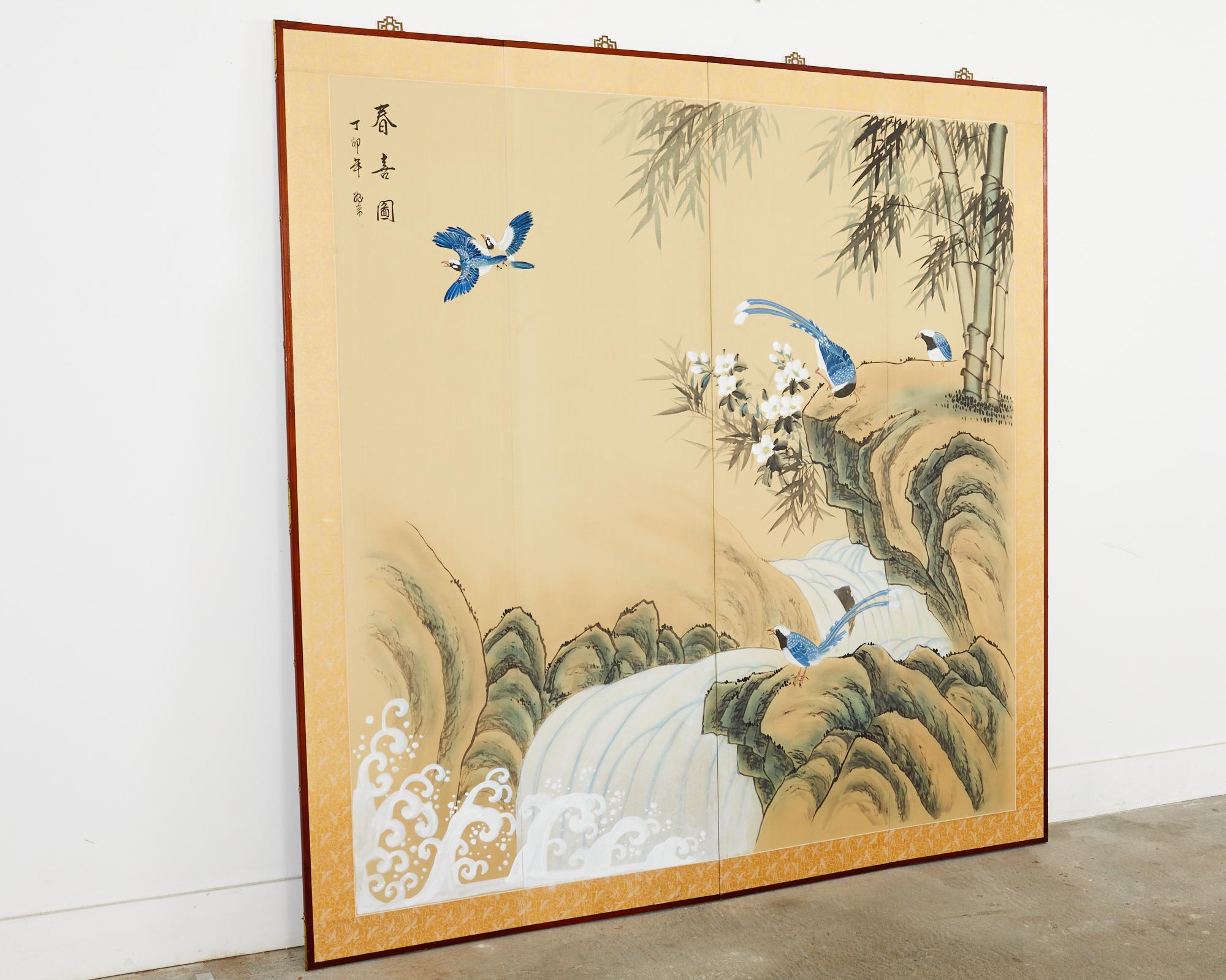 Japanese Style Four Panel Screen Bamboo Waterfall with Magpies For Sale 9
