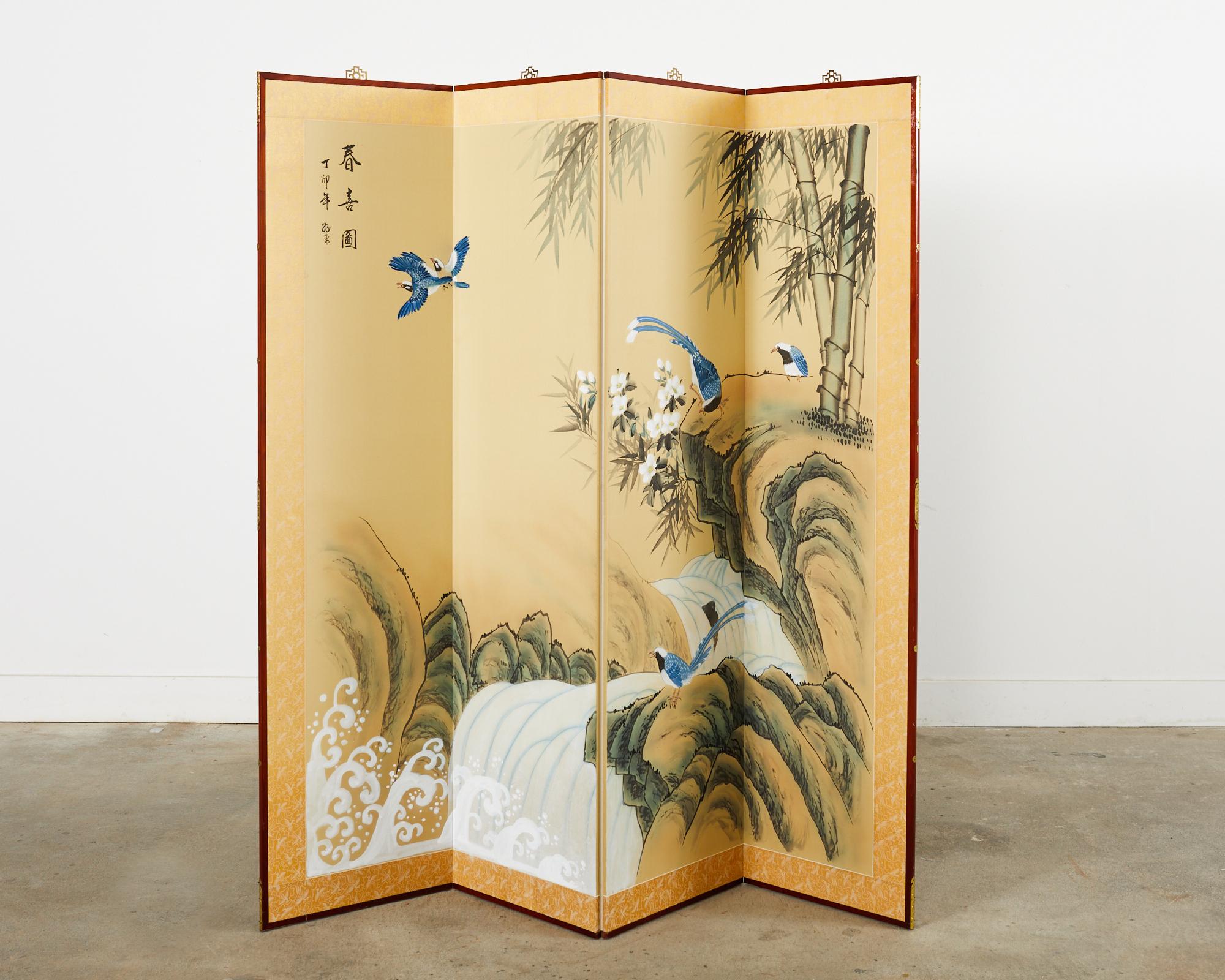 Showa Japanese Style Four Panel Screen Bamboo Waterfall with Magpies For Sale