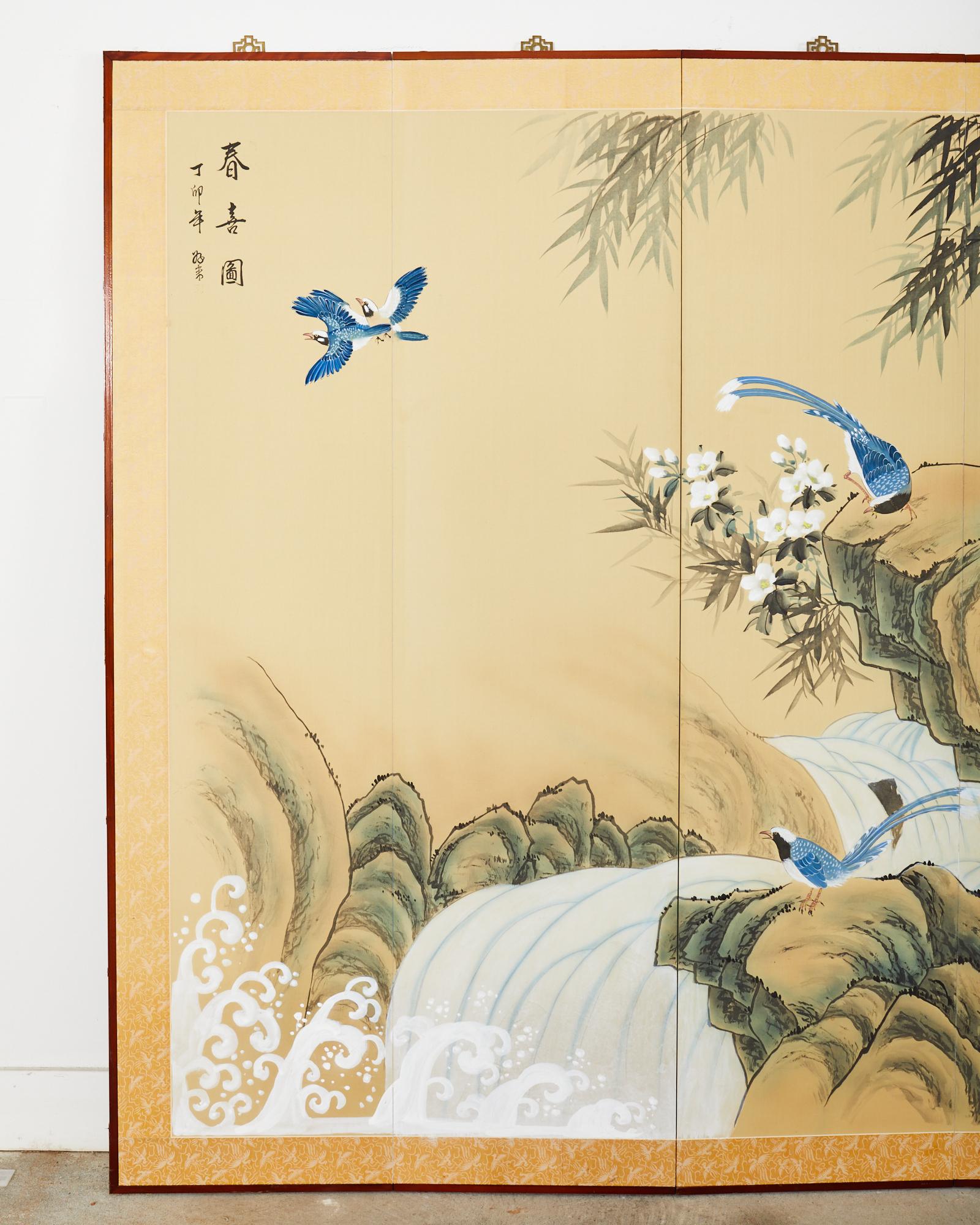 Chinese Japanese Style Four Panel Screen Bamboo Waterfall with Magpies For Sale