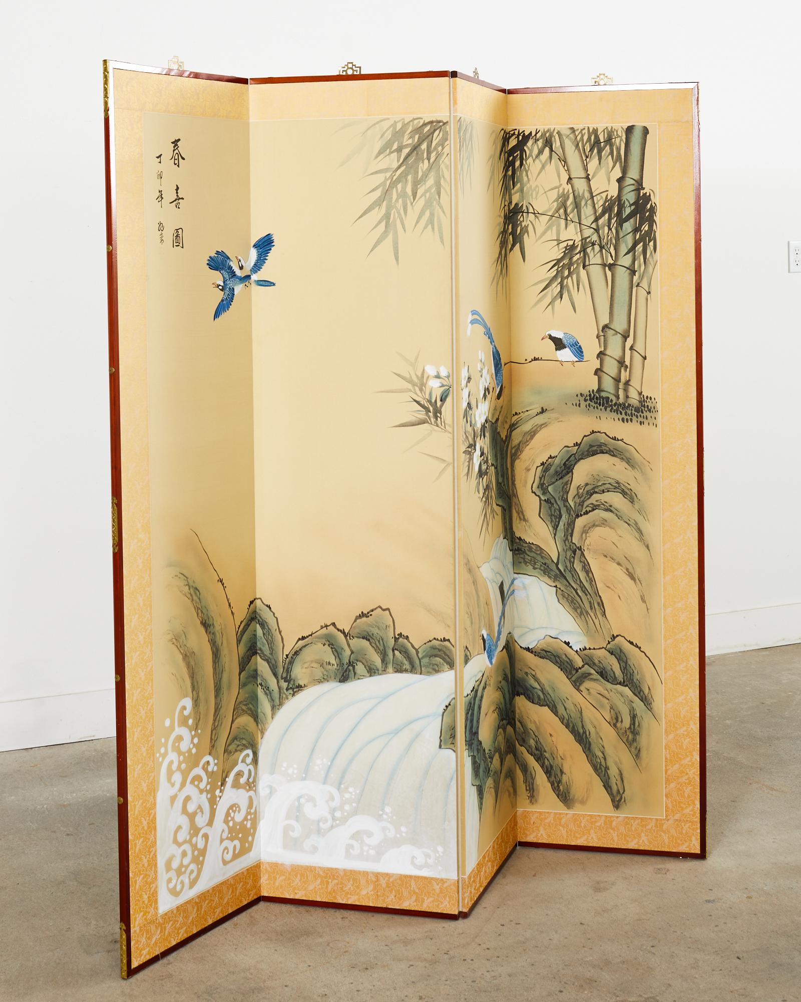 Japanese Style Four Panel Screen Bamboo Waterfall with Magpies For Sale 2