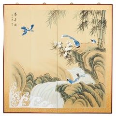 Japanese Style Four Panel Screen Bamboo Waterfall with Magpies