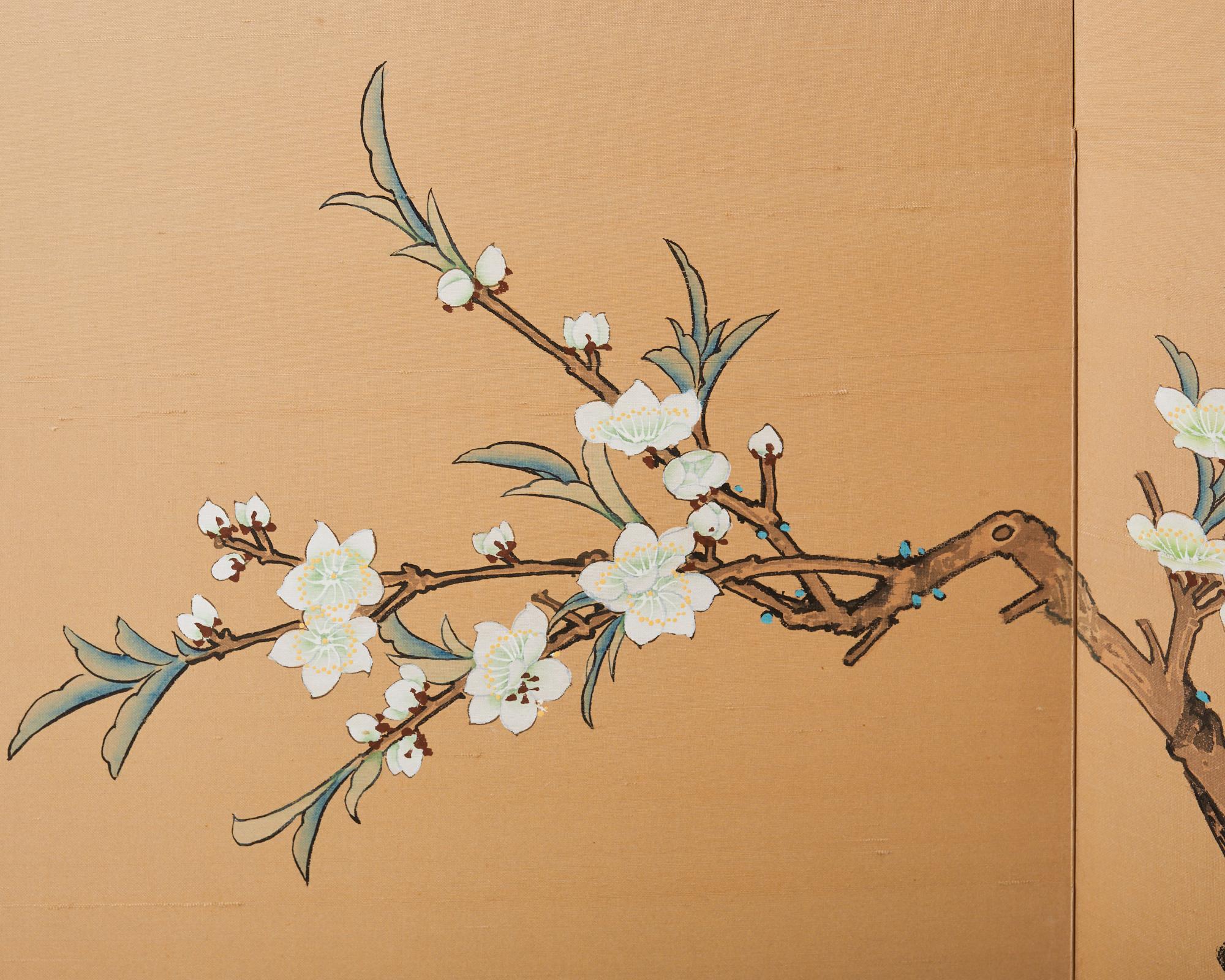 Japanese Style Four Panel Screen Birds with Flowering Prunus 3