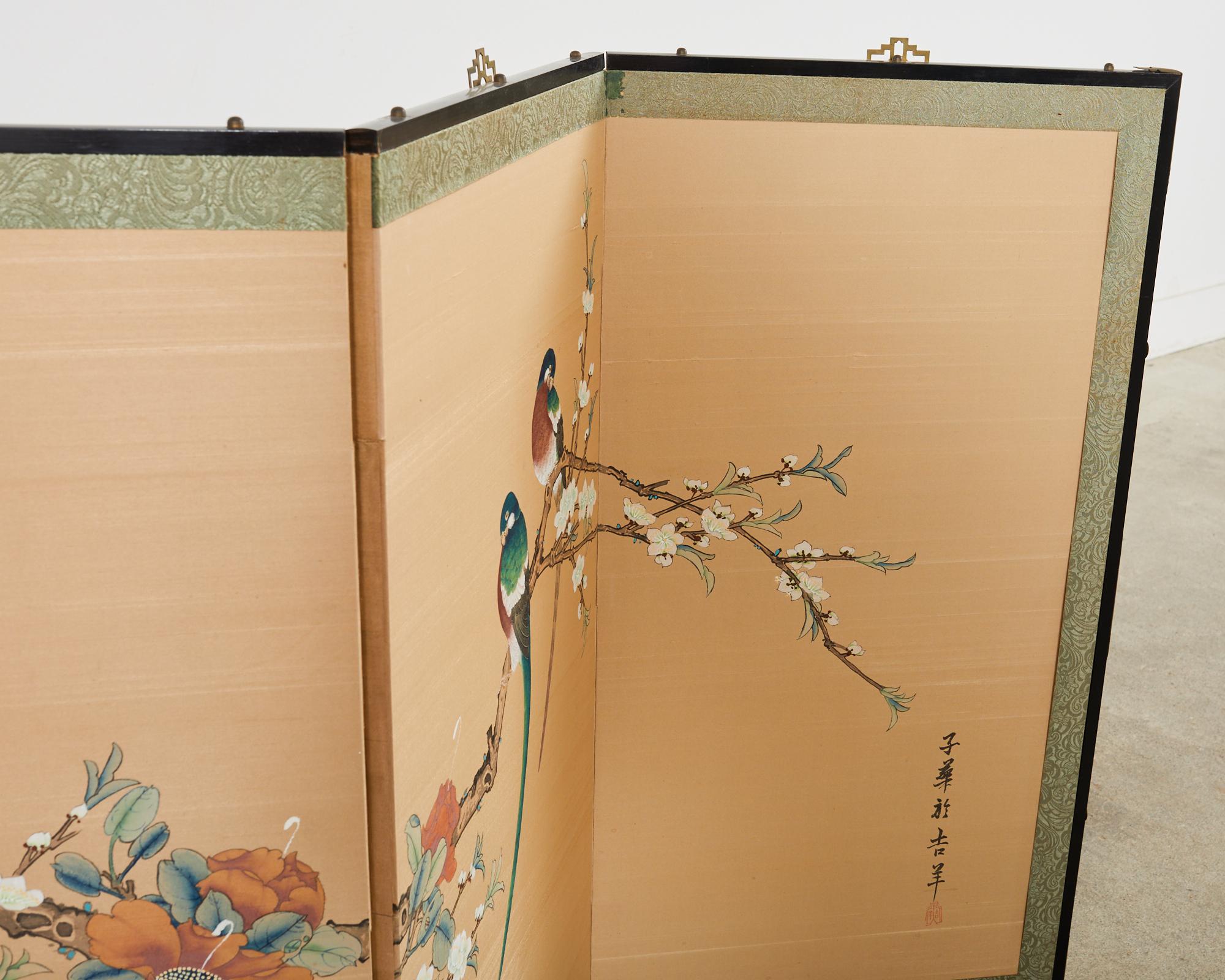 Japanese Style Four Panel Screen Birds with Flowering Prunus 5