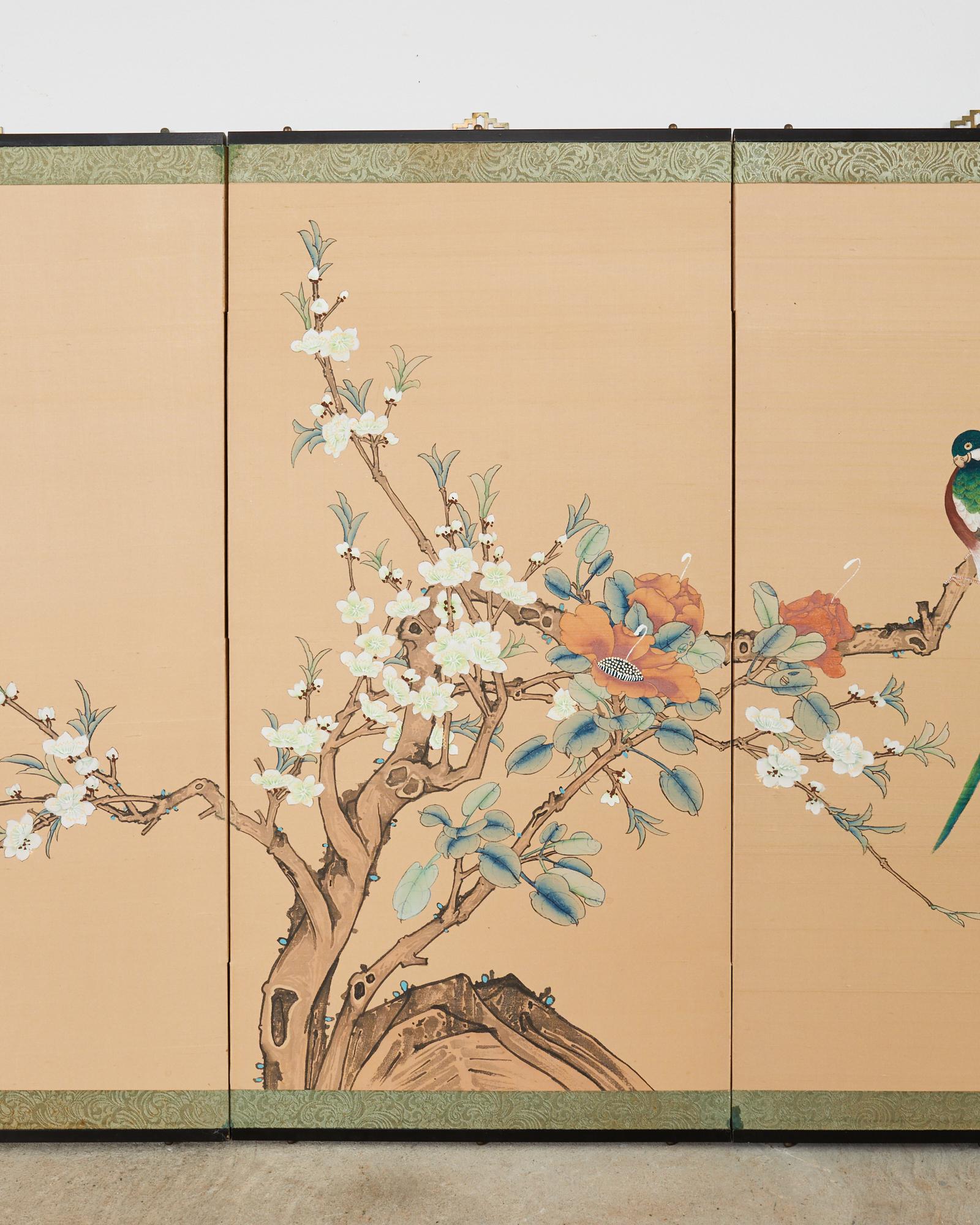 Showa Japanese Style Four Panel Screen Birds with Flowering Prunus