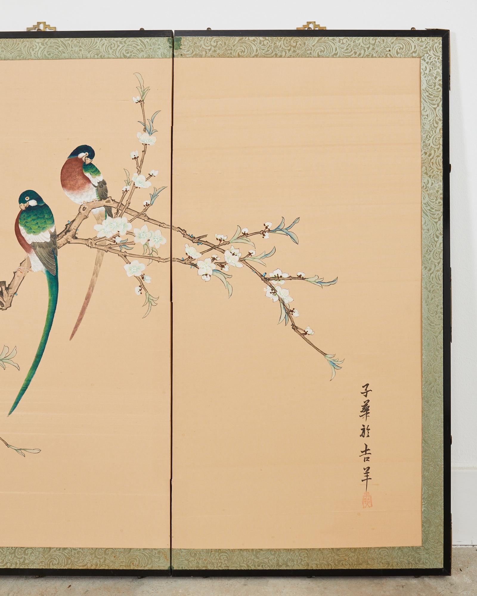 Chinese Japanese Style Four Panel Screen Birds with Flowering Prunus