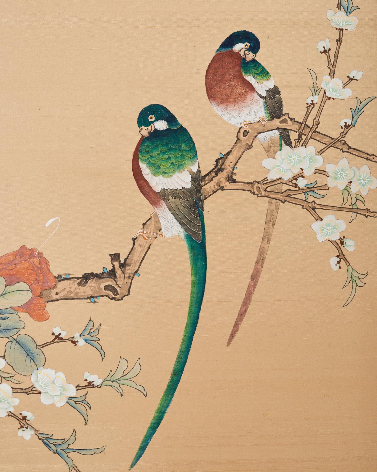 Hand-Crafted Japanese Style Four Panel Screen Birds with Flowering Prunus