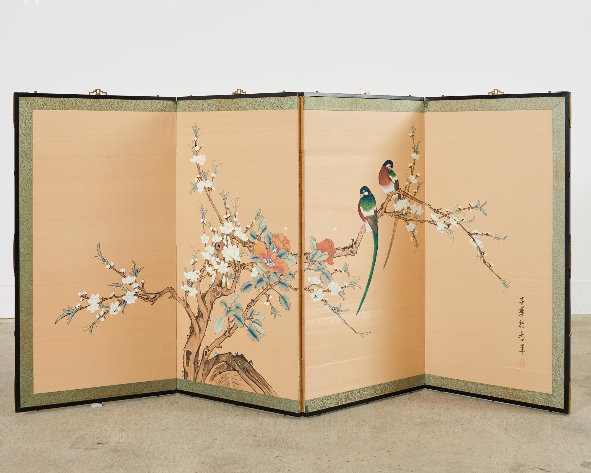 20th Century Japanese Style Four Panel Screen Birds with Flowering Prunus