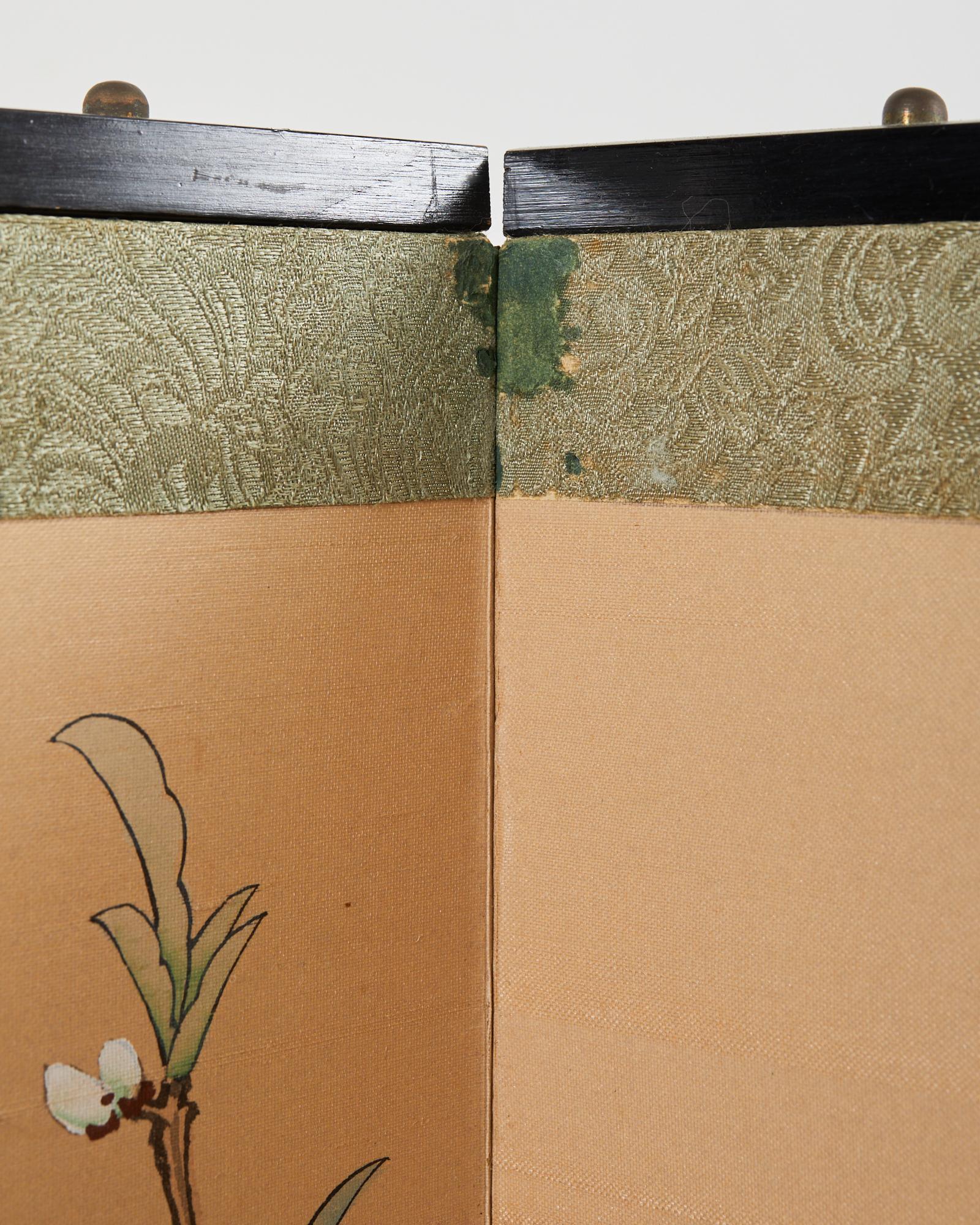 Brass Japanese Style Four Panel Screen Birds with Flowering Prunus