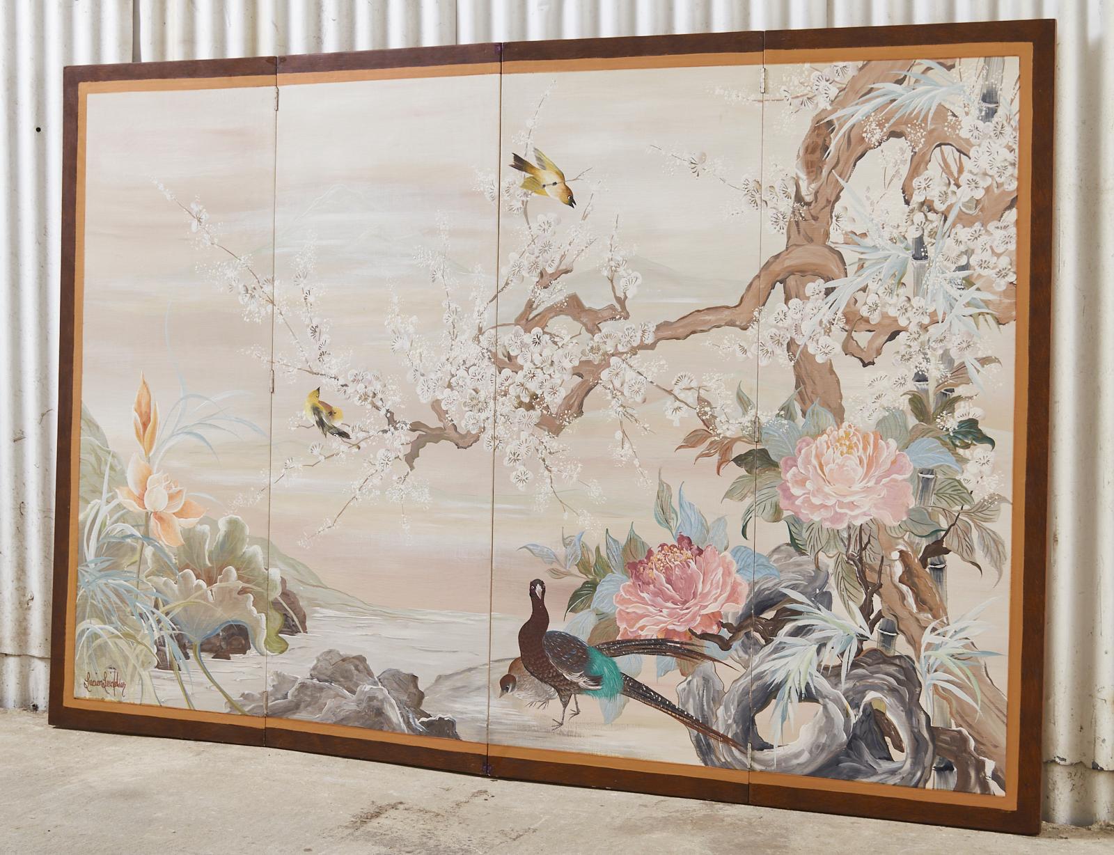 Mid-Century Modern Japanese Style Four Panel Screen by Lucien Leinfelder