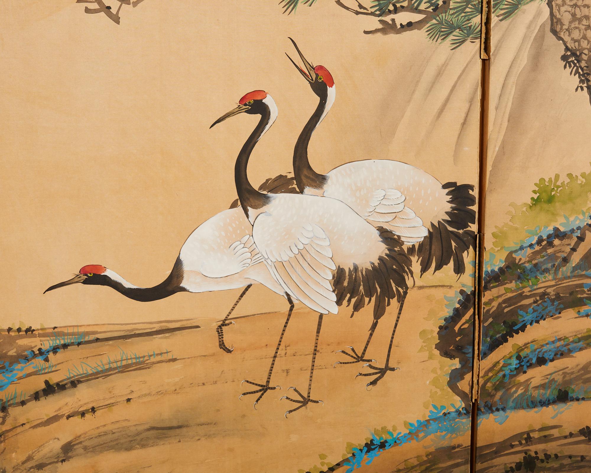 Japanese Style Four Panel Screen Cranes and Pine Trees 2