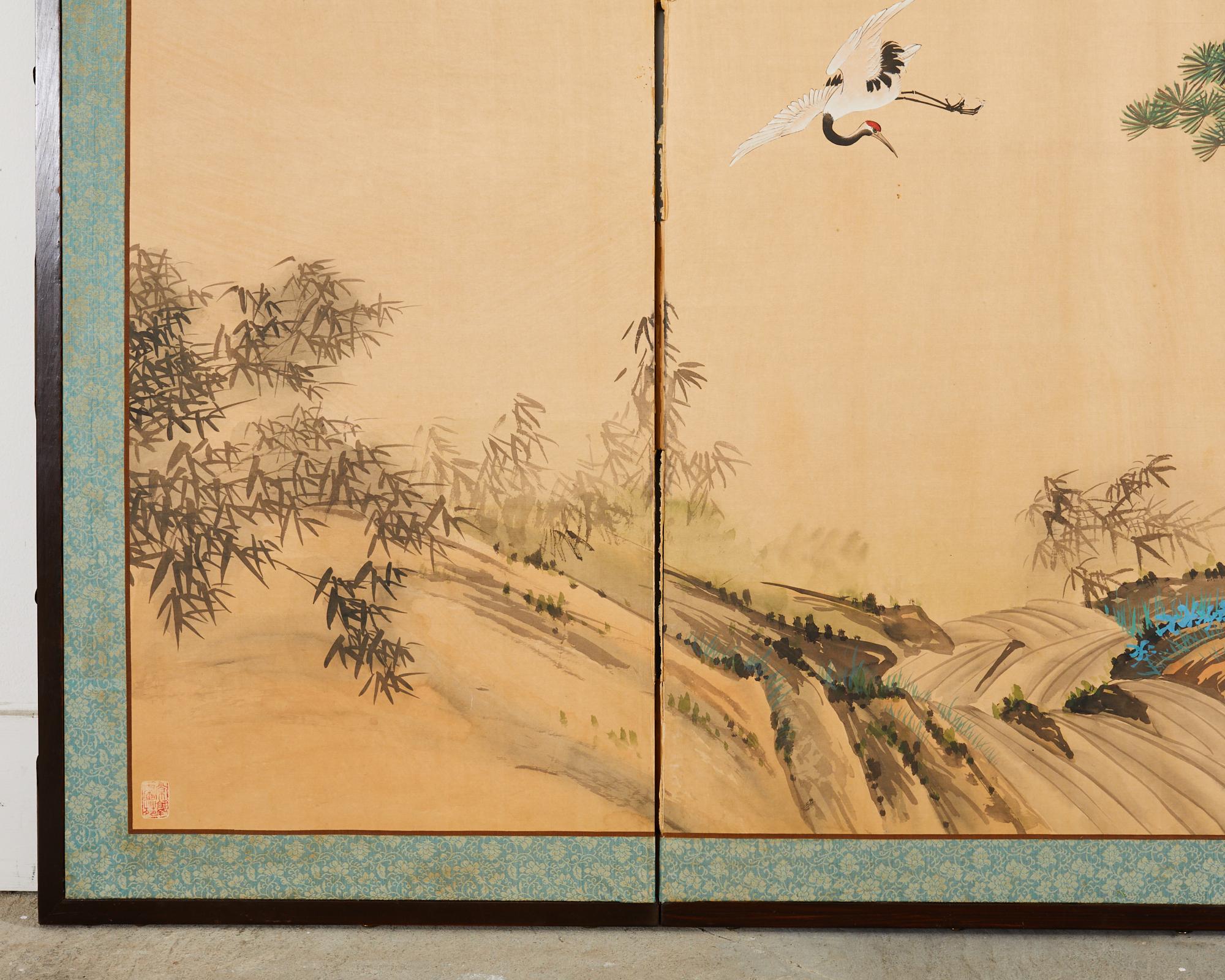 Japanese Style Four Panel Screen Cranes and Pine Trees 7