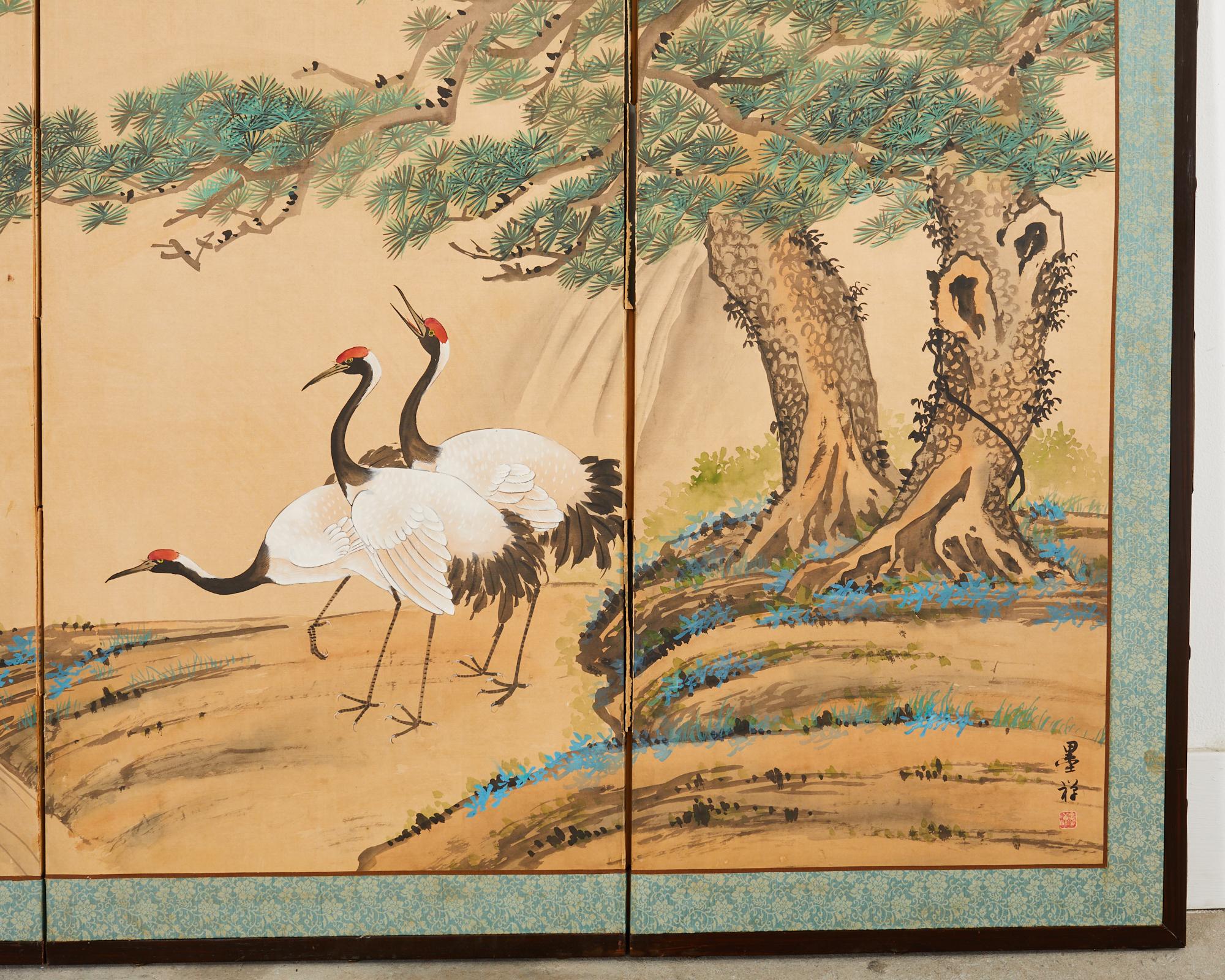 Japanese Style Four Panel Screen Cranes and Pine Trees 8
