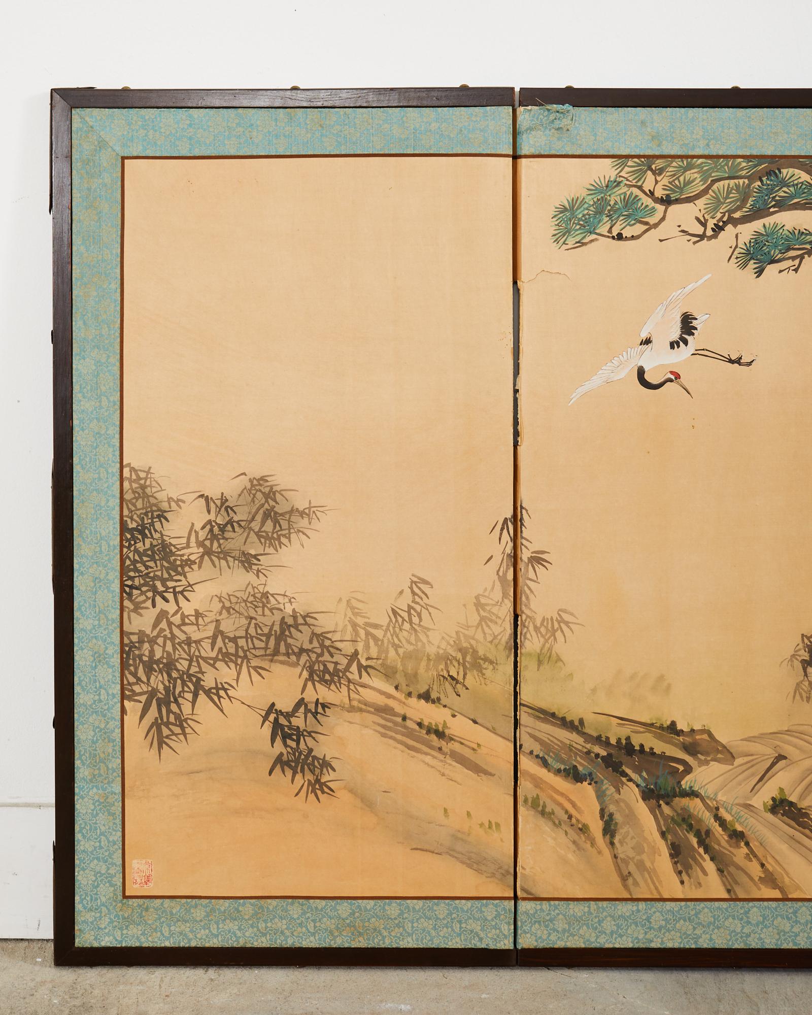 Showa Japanese Style Four Panel Screen Cranes and Pine Trees
