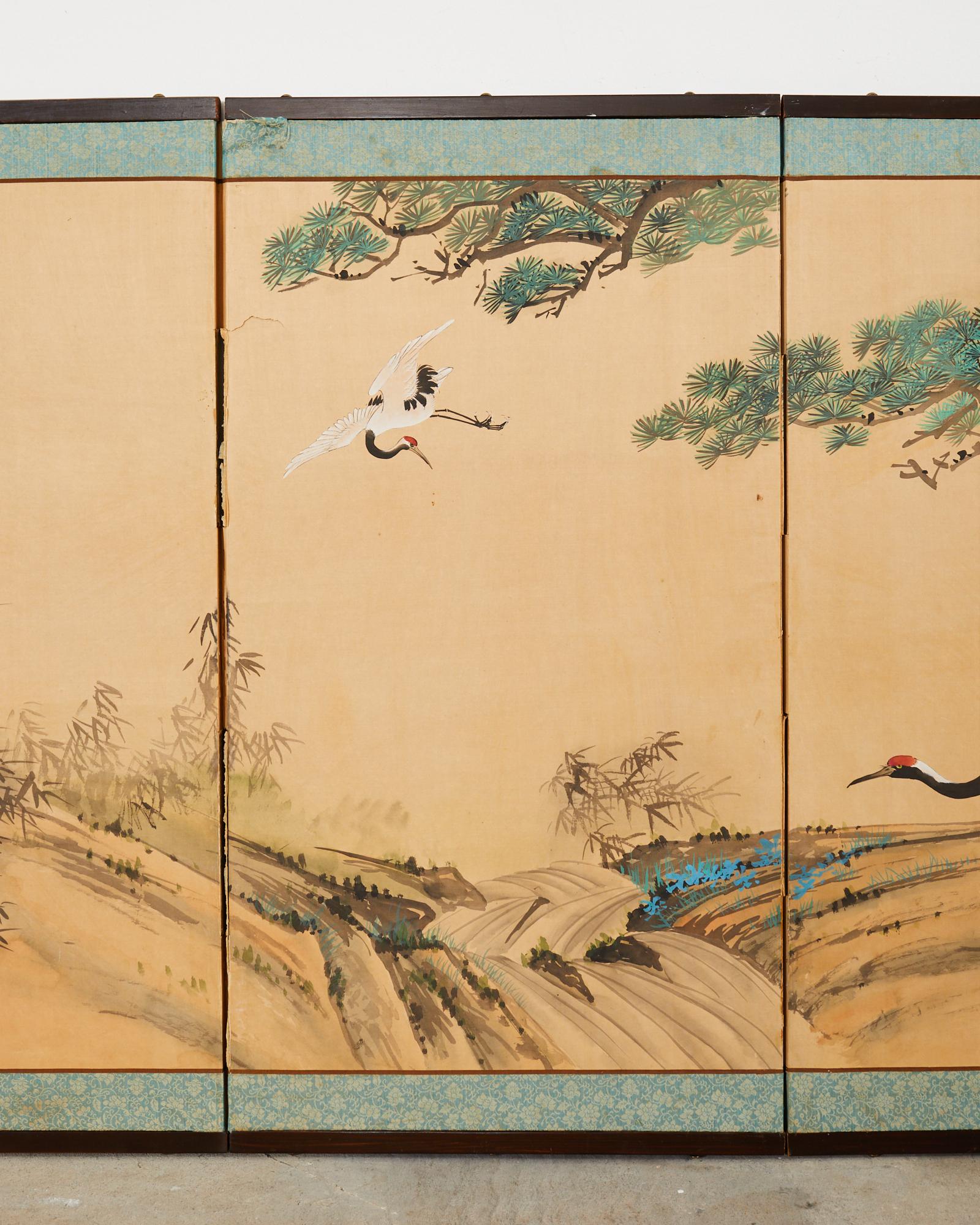 Chinese Japanese Style Four Panel Screen Cranes and Pine Trees