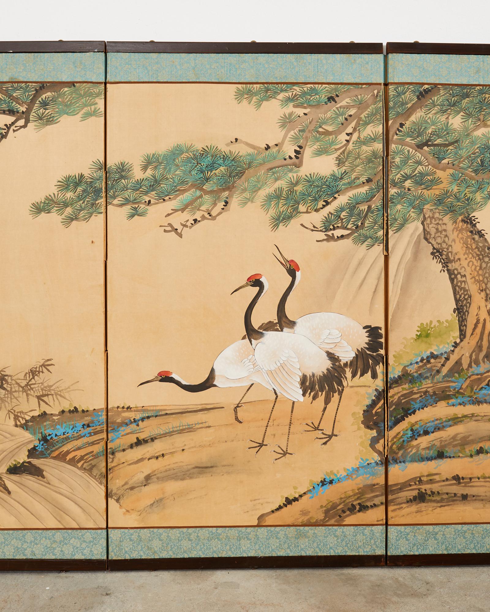 Hand-Crafted Japanese Style Four Panel Screen Cranes and Pine Trees