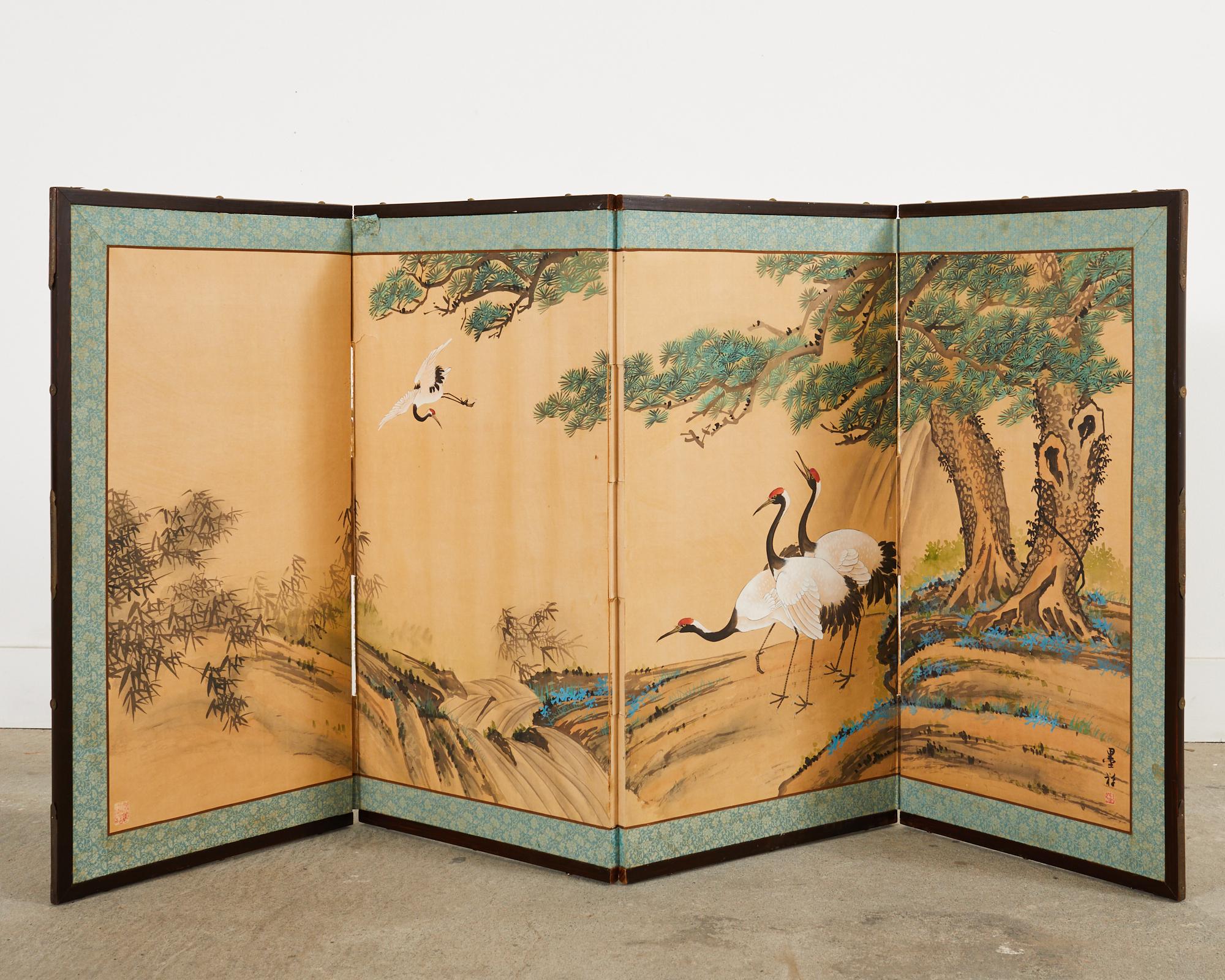 Brass Japanese Style Four Panel Screen Cranes and Pine Trees