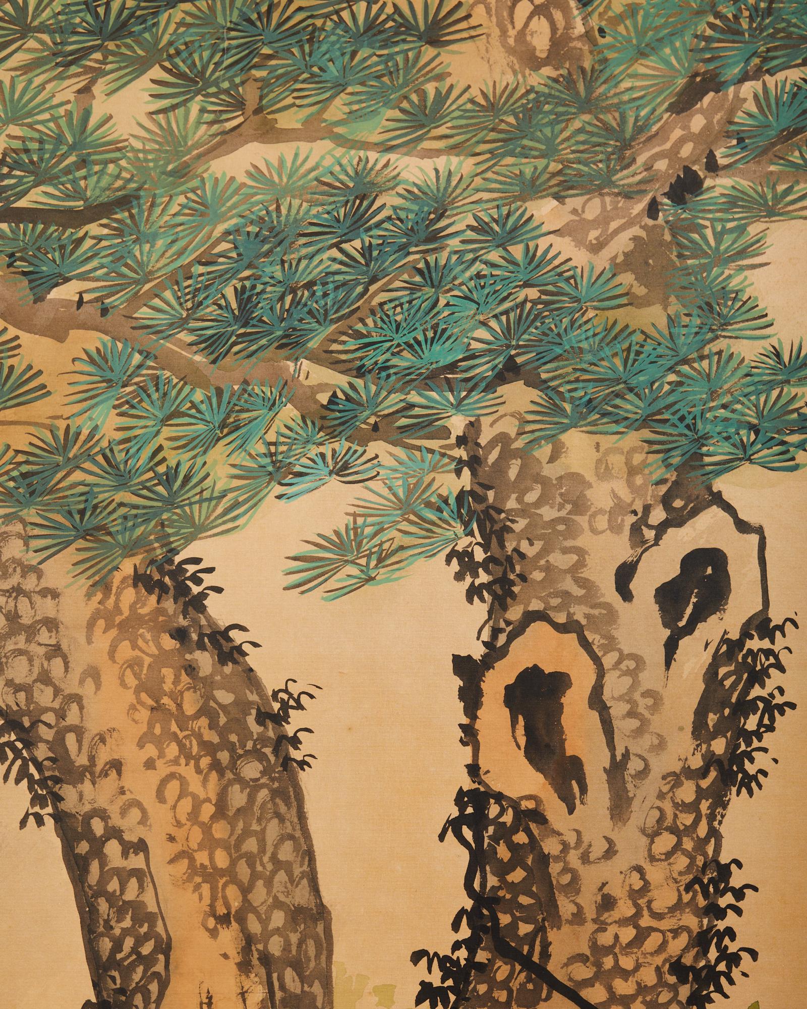 Japanese Style Four Panel Screen Cranes and Pine Trees 1