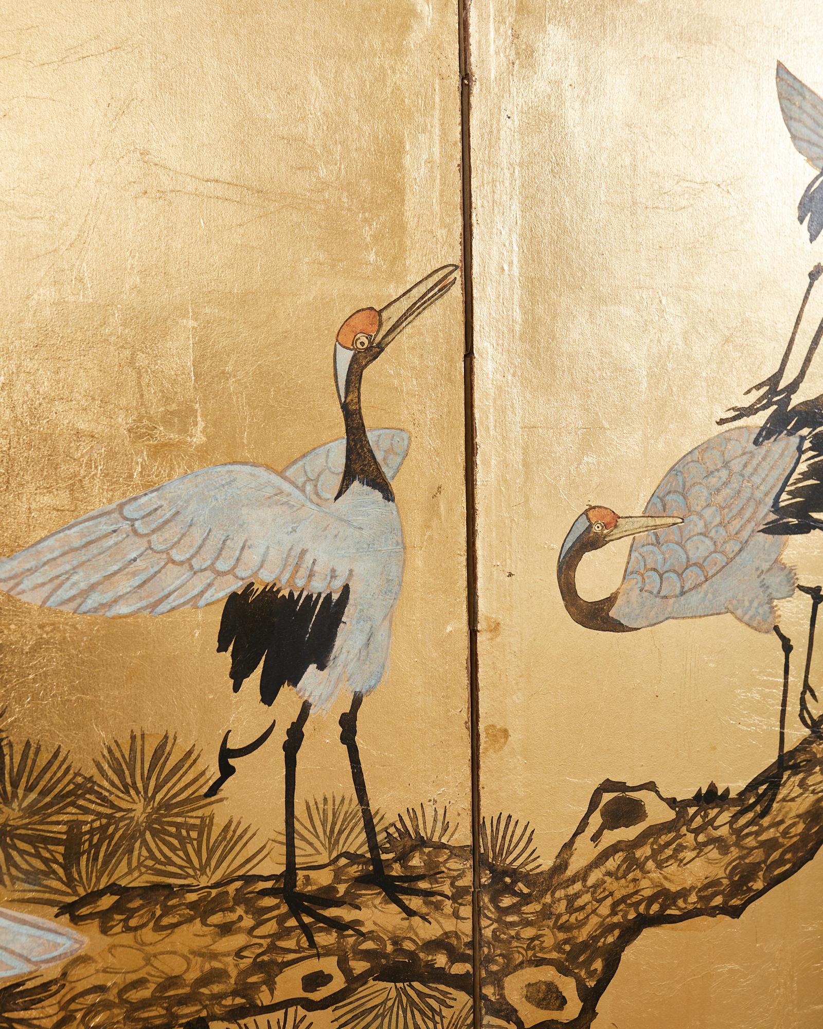 Japanese Style Four Panel Screen Flock of Cranes in Pine For Sale 2