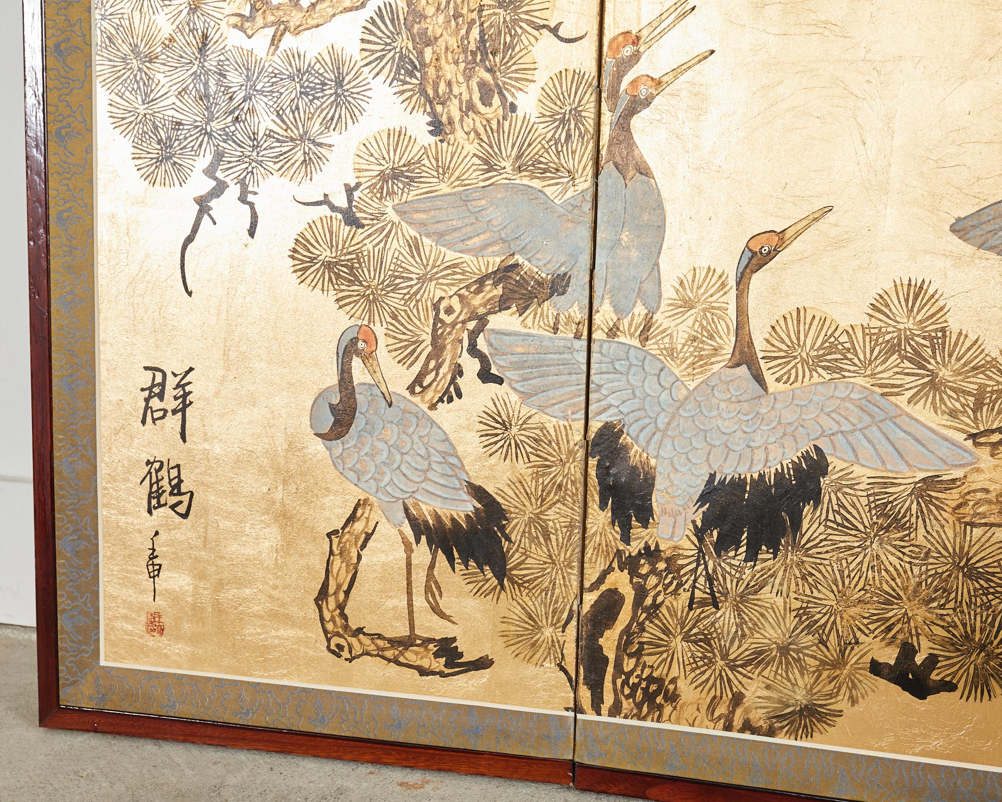 Japanese Style Four Panel Screen Flock of Cranes in Pine For Sale 4