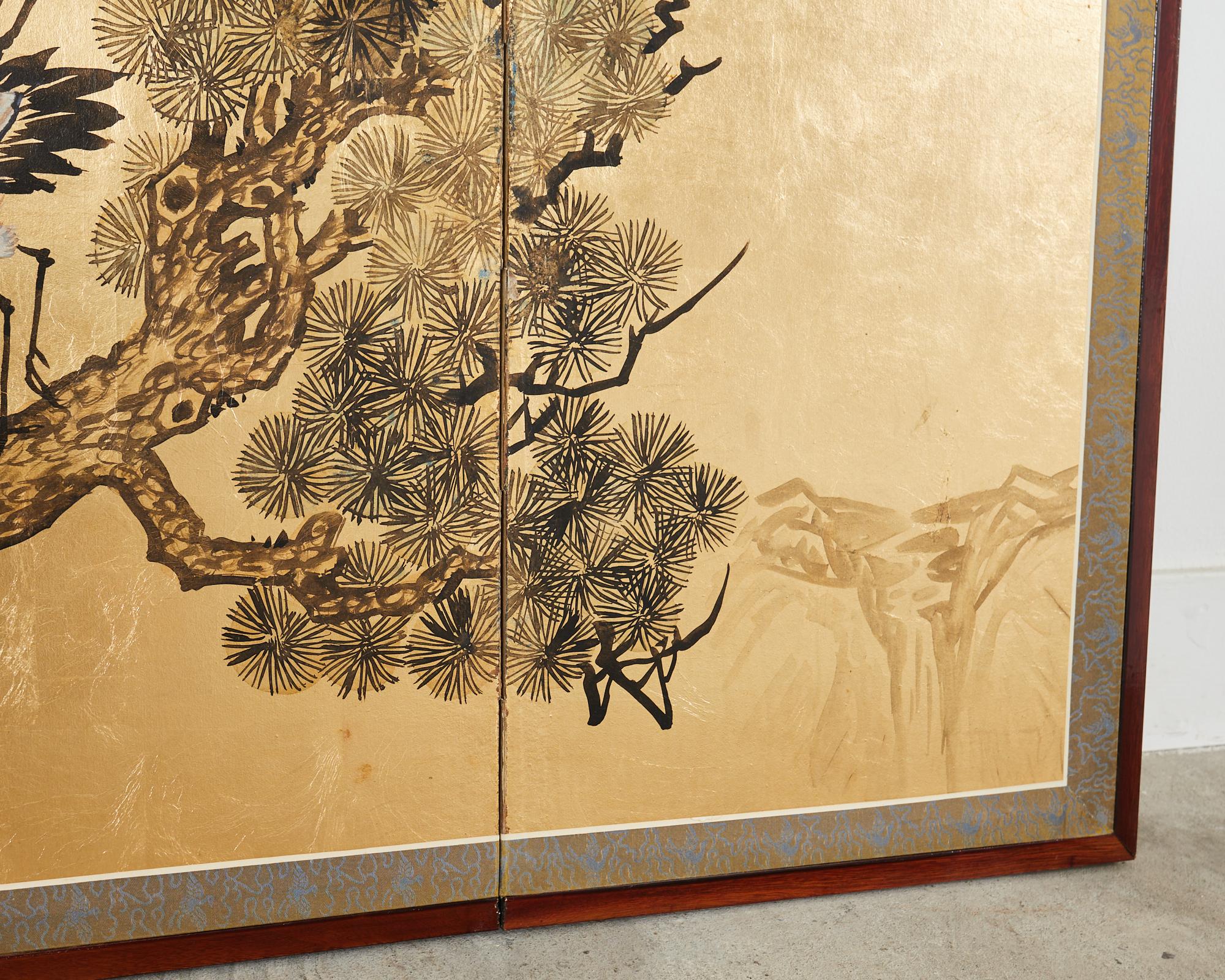 Japanese Style Four Panel Screen Flock of Cranes in Pine For Sale 5