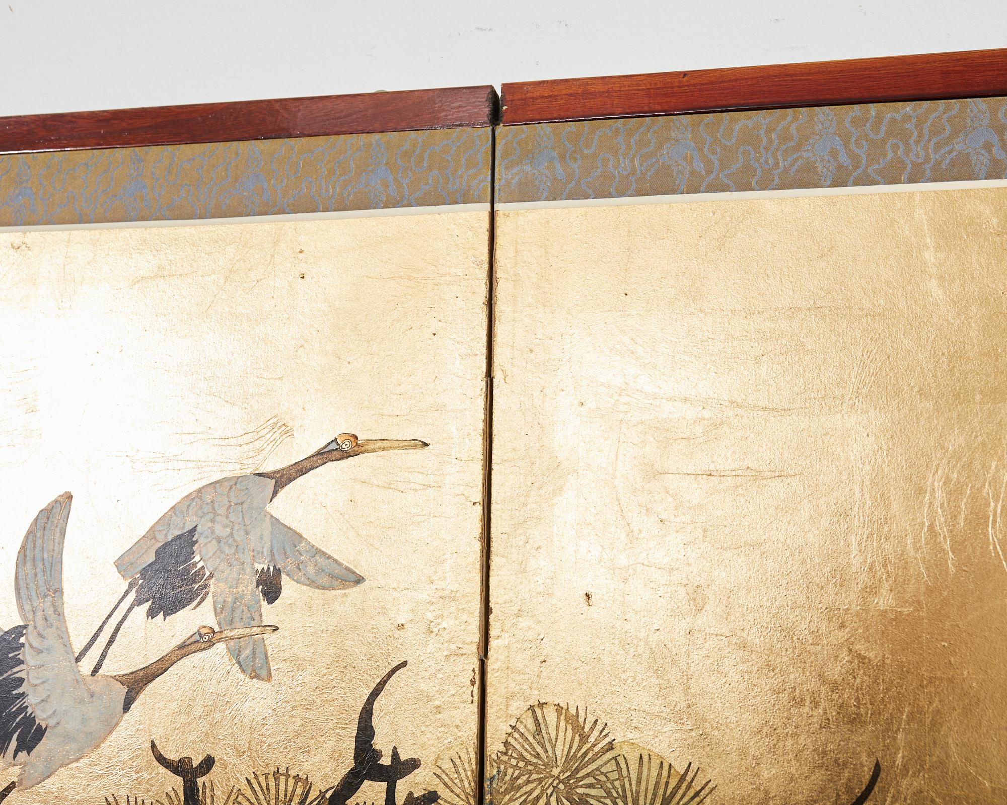Japanese Style Four Panel Screen Flock of Cranes in Pine For Sale 7