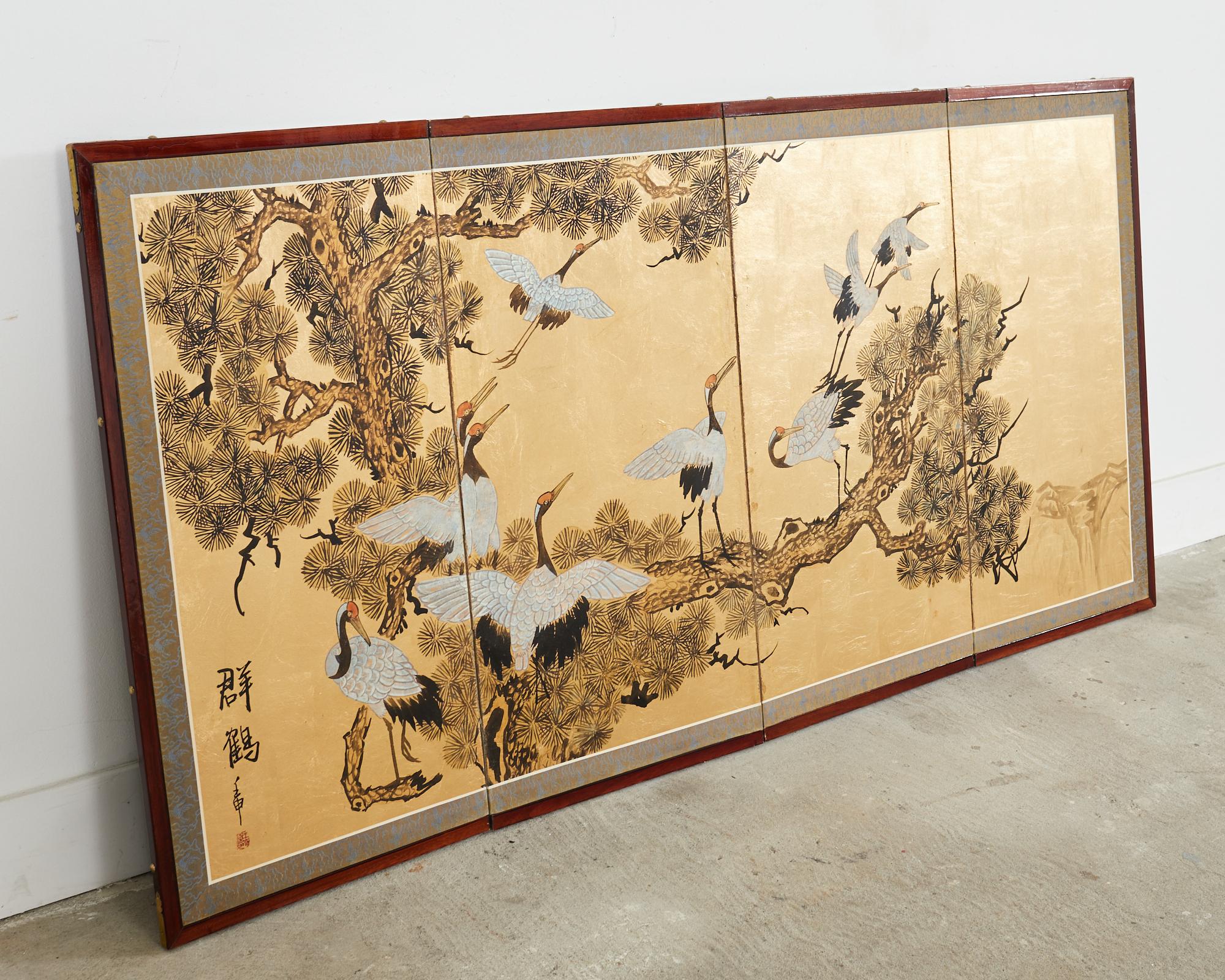 Japanese Style Four Panel Screen Flock of Cranes in Pine For Sale 9