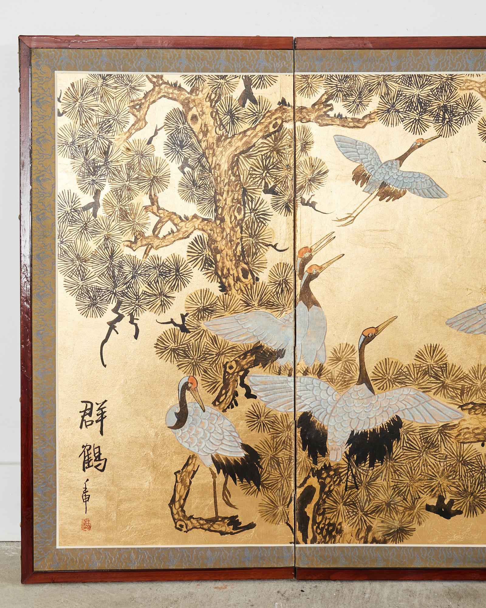 Edo Japanese Style Four Panel Screen Flock of Cranes in Pine For Sale