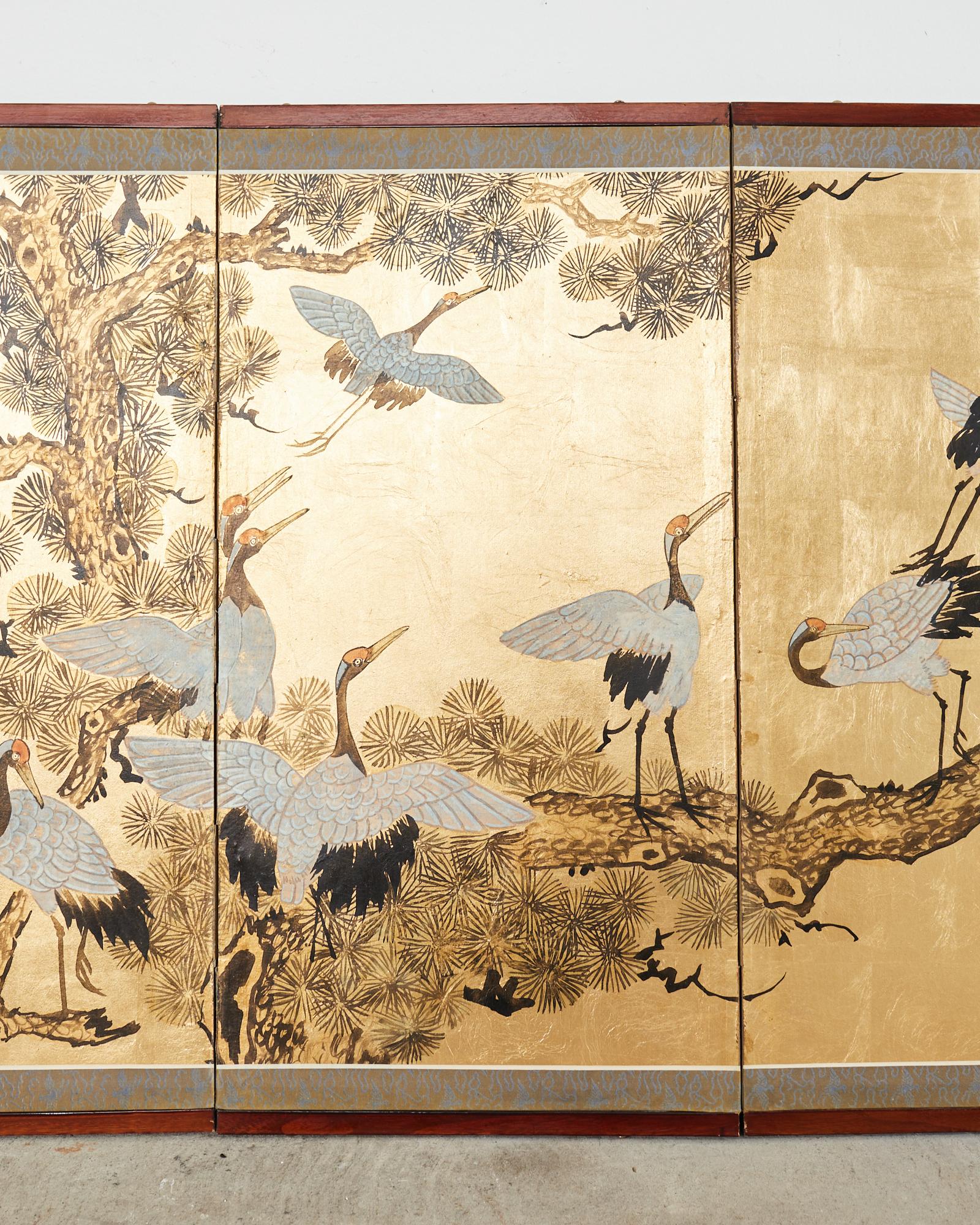 Chinese Japanese Style Four Panel Screen Flock of Cranes in Pine For Sale