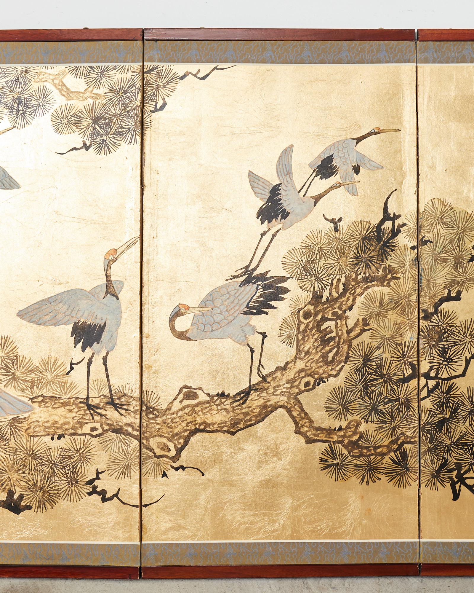 Hand-Crafted Japanese Style Four Panel Screen Flock of Cranes in Pine For Sale