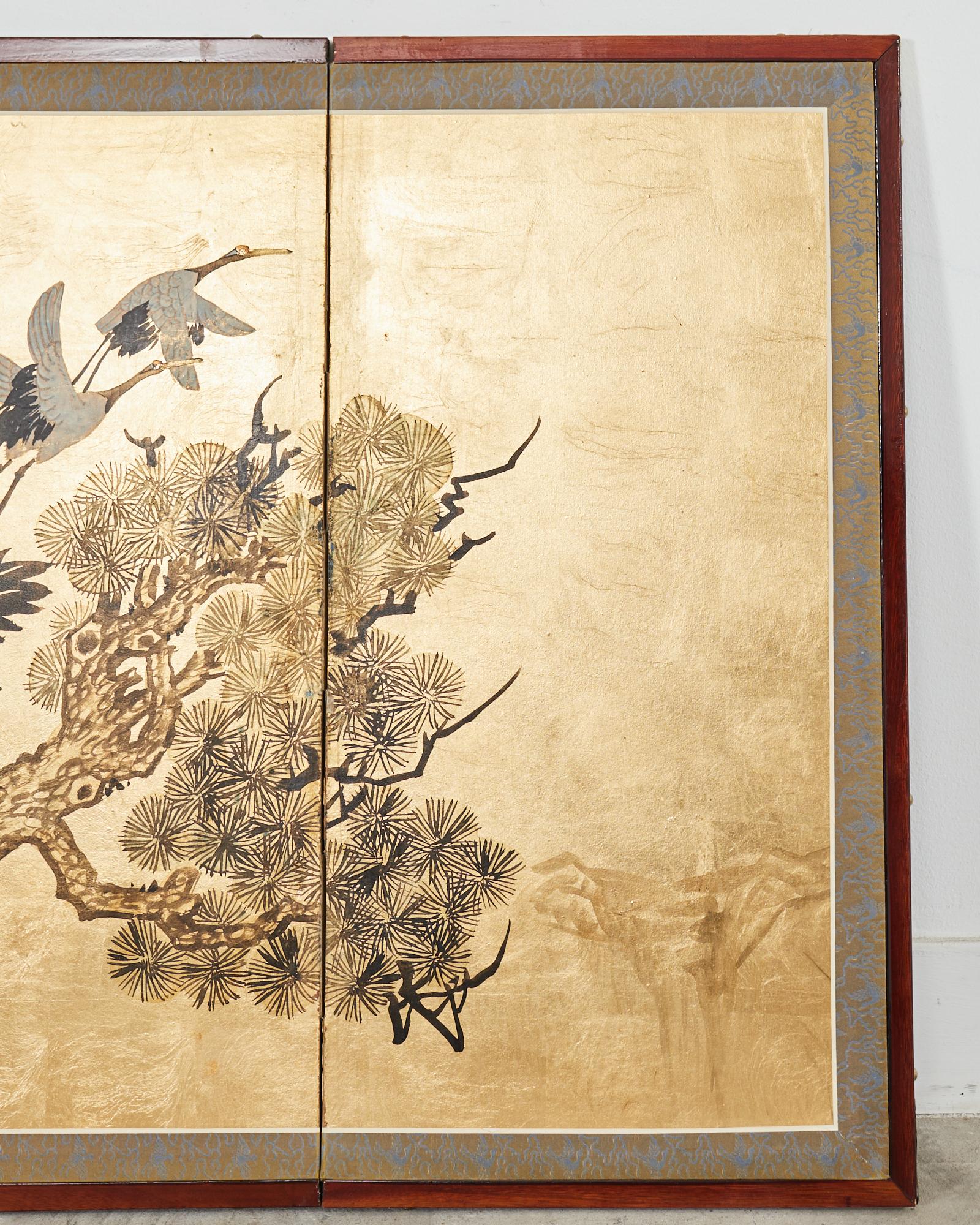 Japanese Style Four Panel Screen Flock of Cranes in Pine In Good Condition For Sale In Rio Vista, CA
