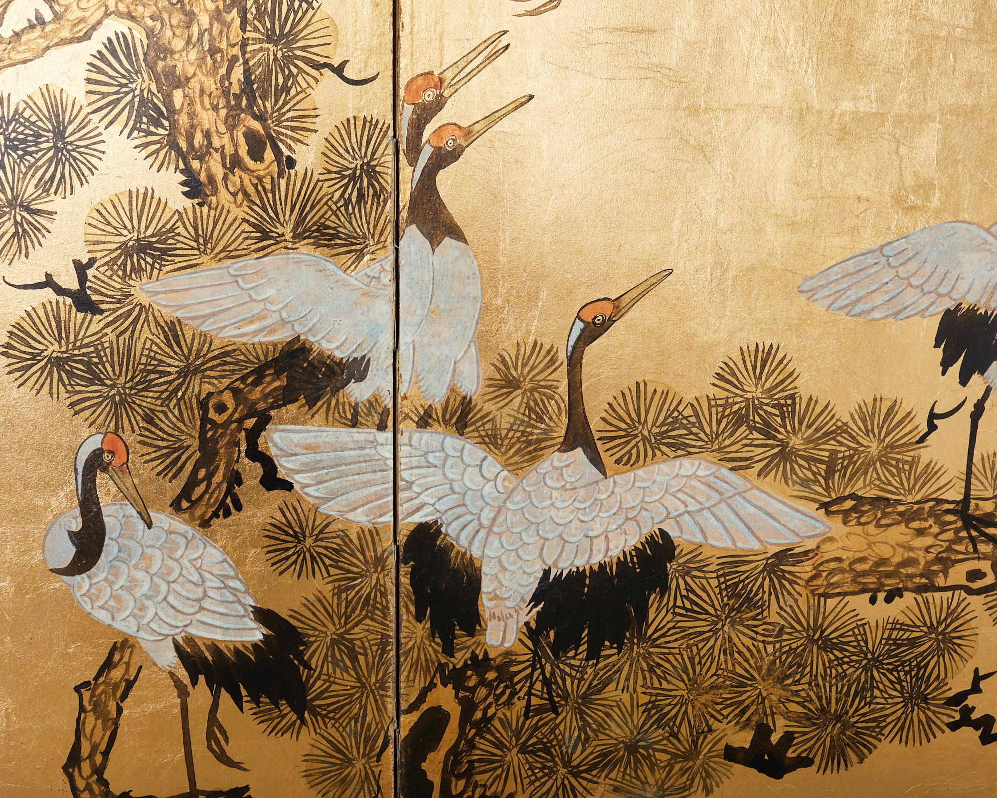Brass Japanese Style Four Panel Screen Flock of Cranes in Pine For Sale