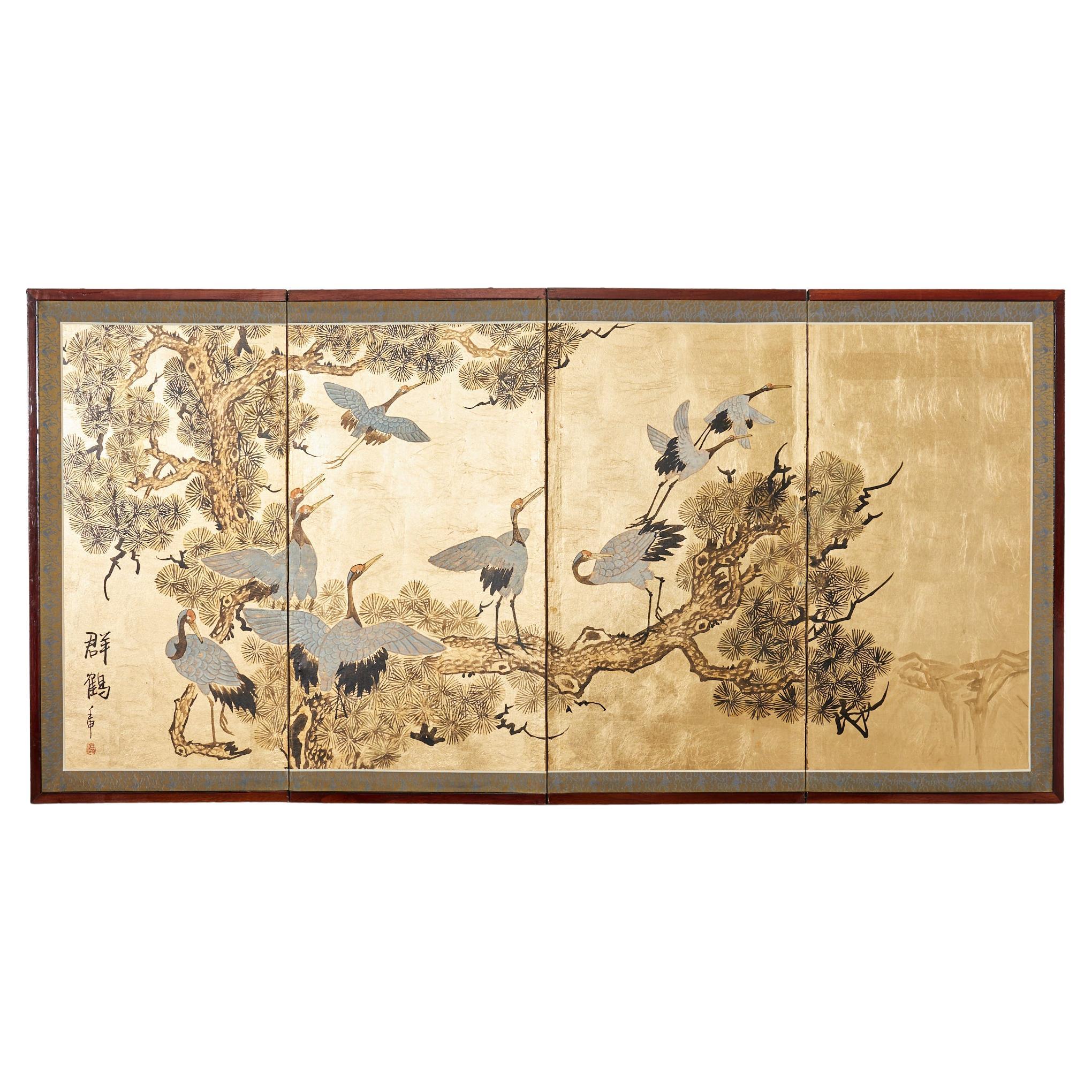 Japanese Style Four Panel Screen Flock of Cranes in Pine For Sale