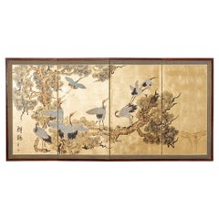 Antique Japanese Style Four Panel Screen Flock of Cranes in Pine