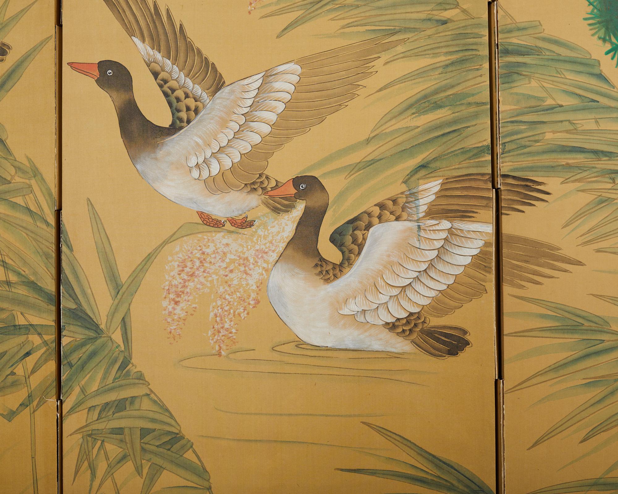 Paravent à quatre panneaux de style japonais Vol d'oies au-dessus des roseaux 2