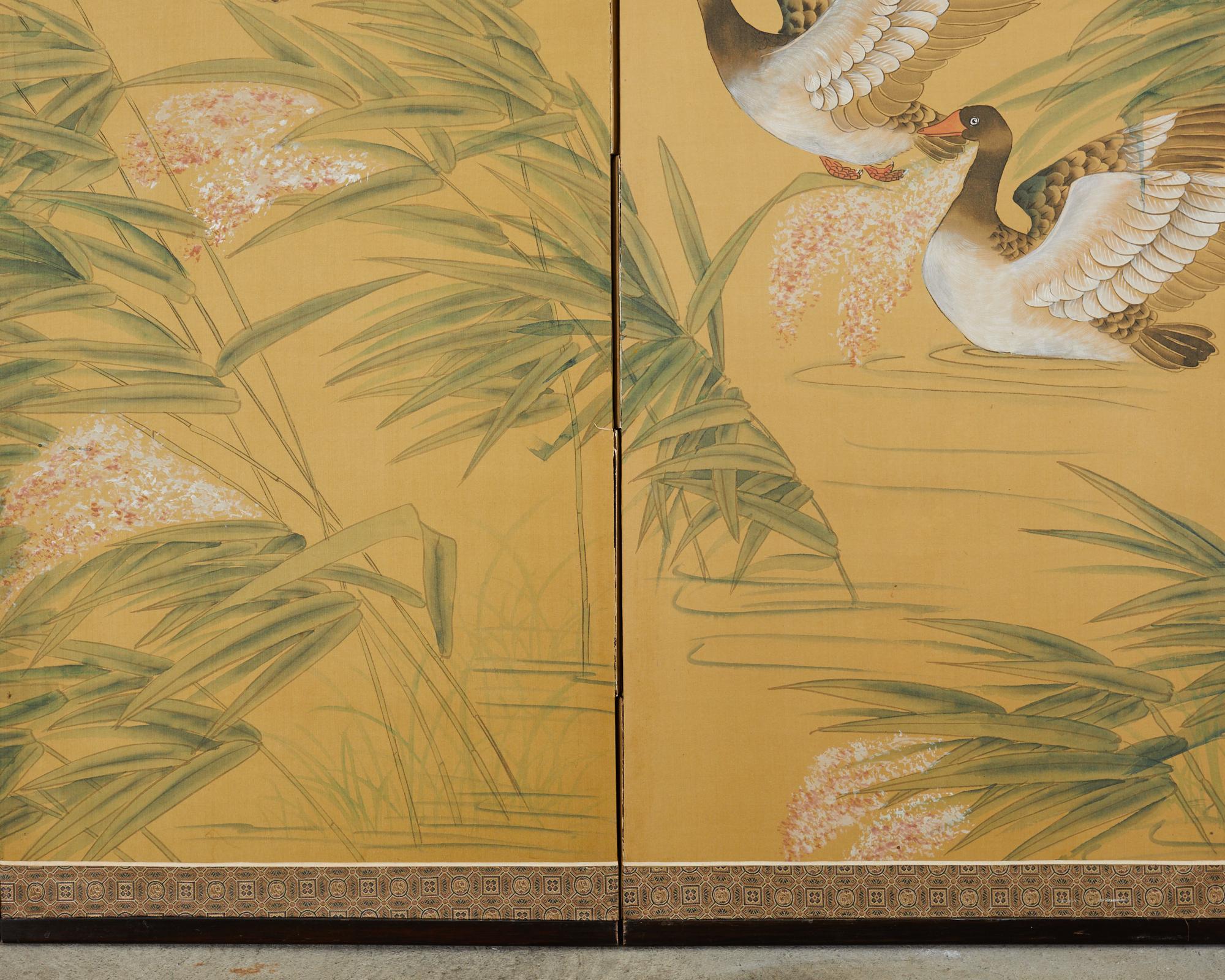 Paravent à quatre panneaux de style japonais Vol d'oies au-dessus des roseaux 4